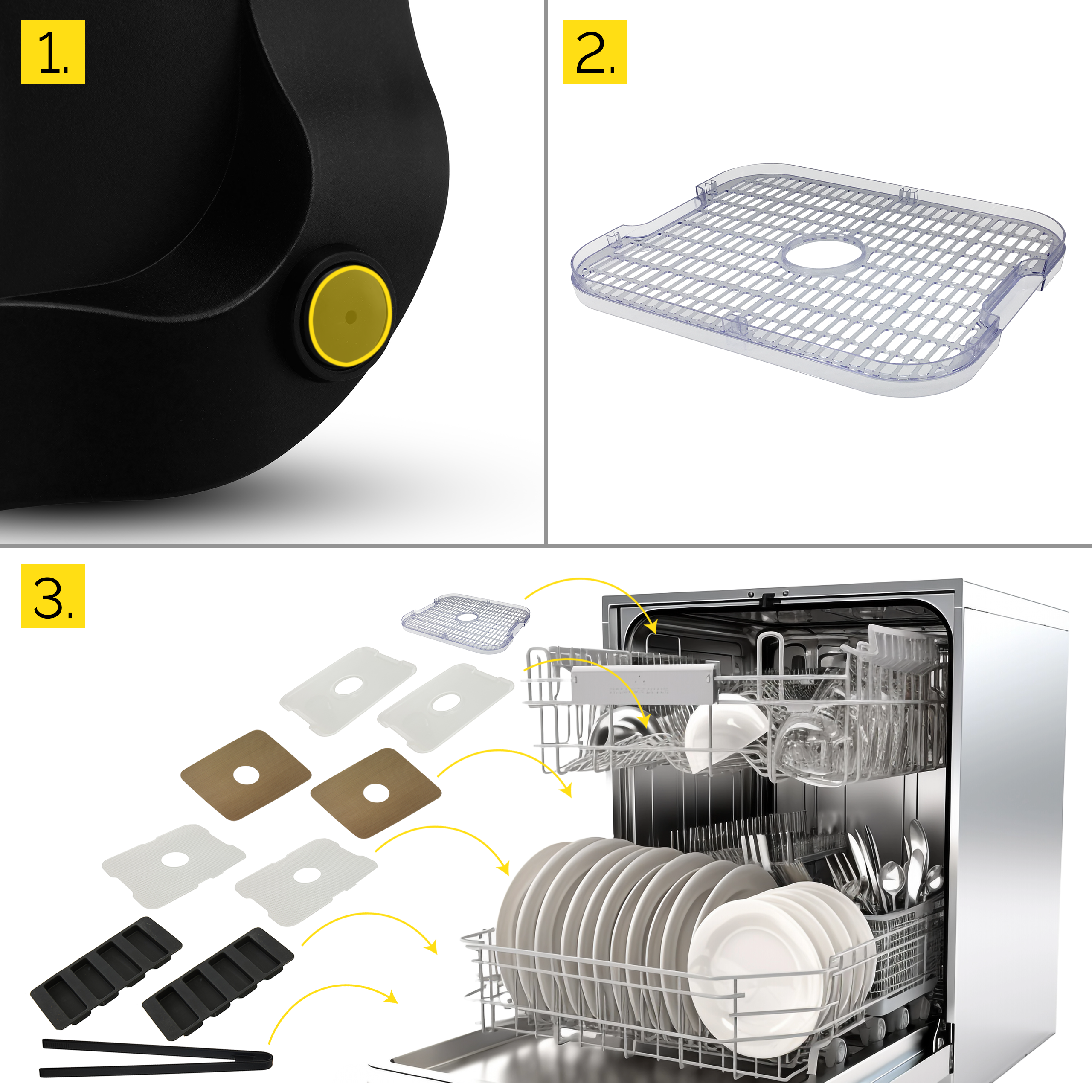 Obraz przedstawia części zmywarki i powiązane akcesoria, w tym tace, filtry i stojaki na naczynia.