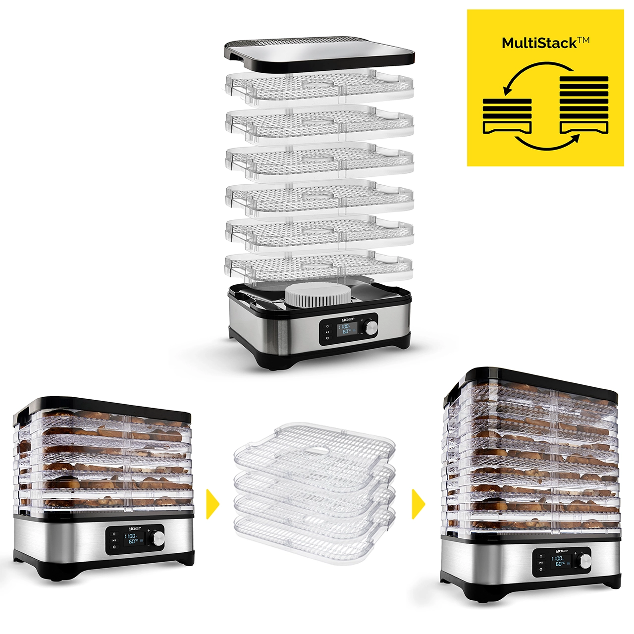 Odwilżacz z wieloma tacami. Demonstruje układanie w stosy i funkcję MultiStack. Pokazuje urządzenie z jedzeniem i pustymi tacami.