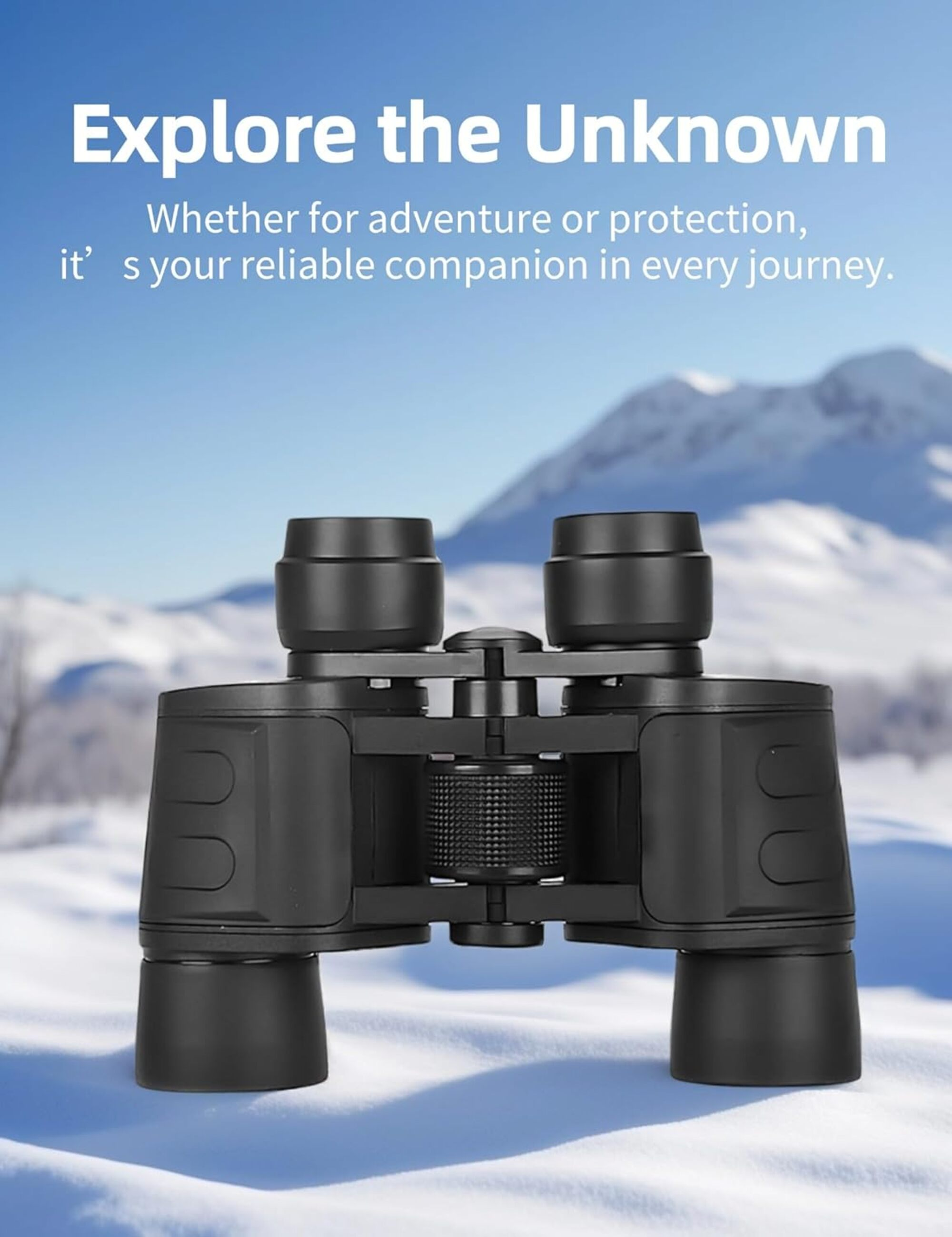 Prismáticos negros sobre nieve, con montañas al fondo. El texto dice 'Explora lo desconocido'.