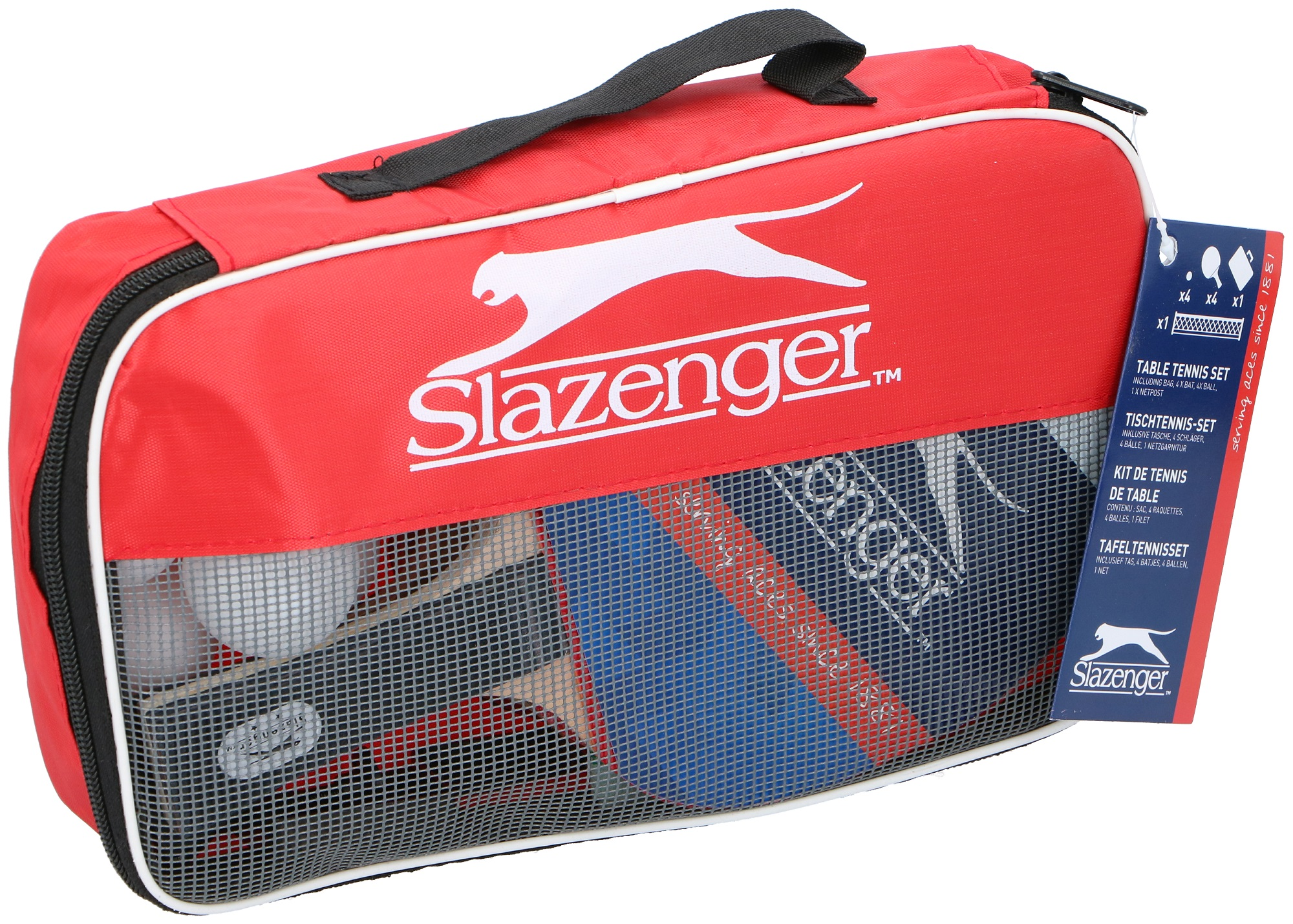 Un sac rouge de jeu de tennis de table Slazenger. Il contient des raquettes, des balles et un filet. Le sac a une poignée et un filet.
