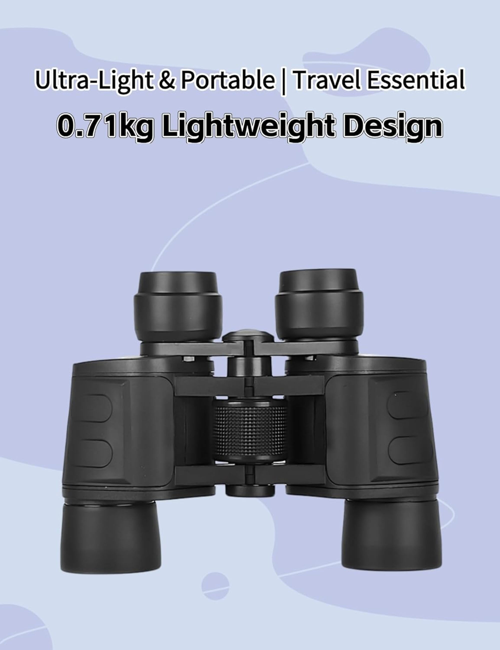 Binoculares negros sobre fondo azul claro con texto: Ultra-Light & Portable, diseño ligero de 0,71 kg.