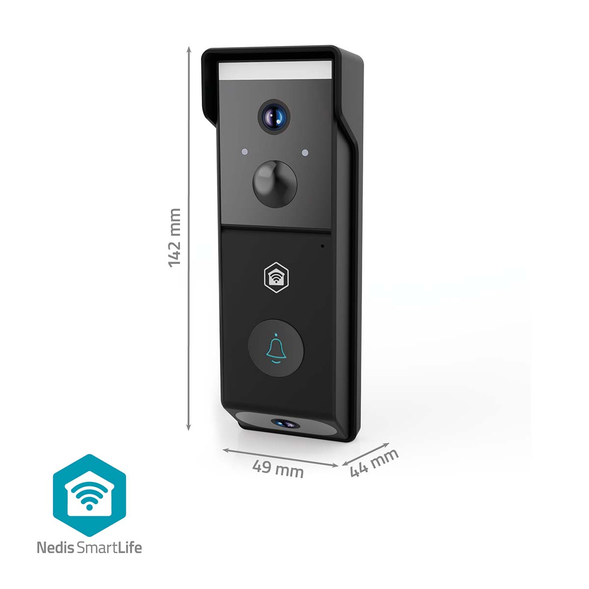 Een zwarte slimme deurbel met camera, knop en wifi-icoon. Afmetingen: 142 mm x 49 mm x 44 mm. Nedis SmartLife-logo linksonder.