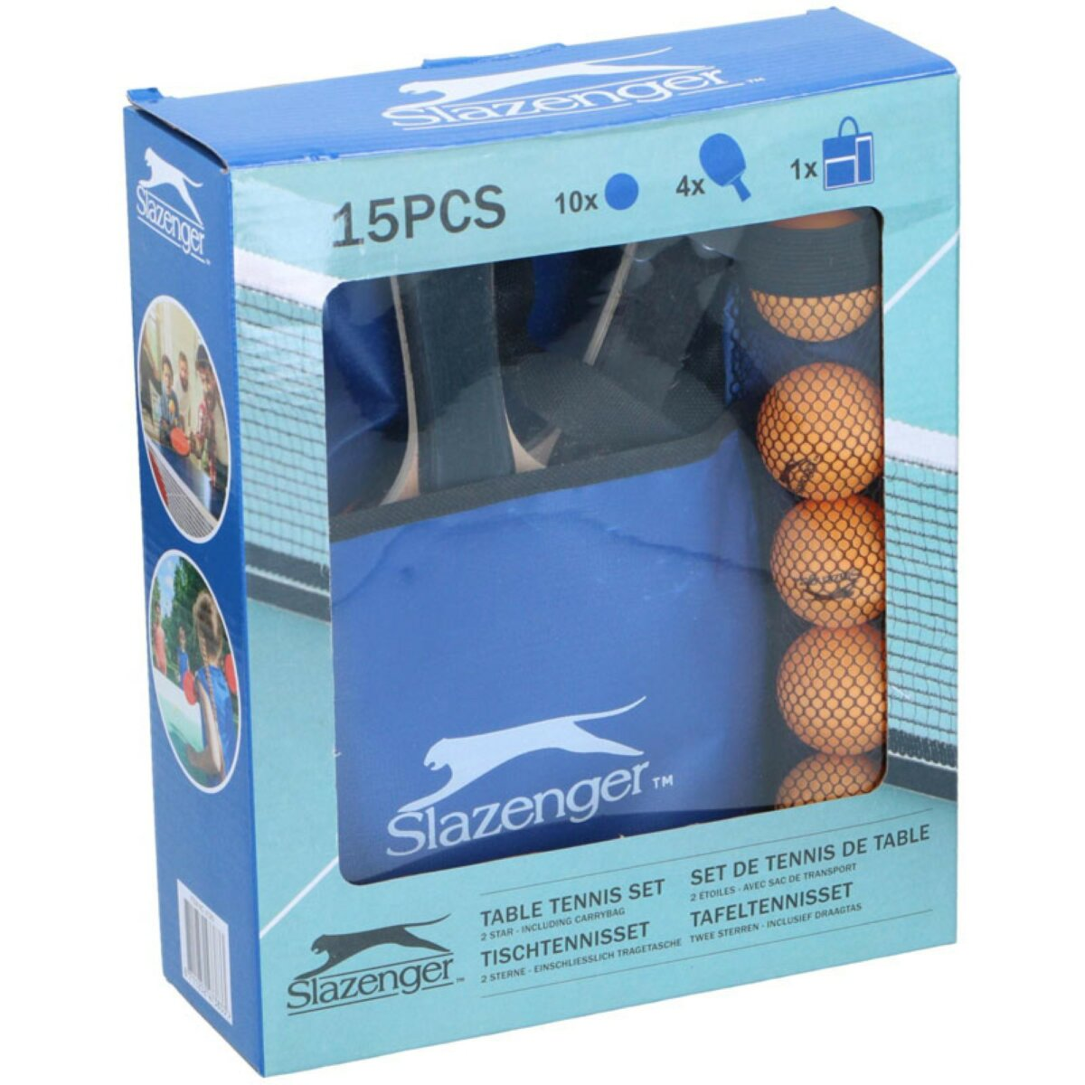 Een Slazenger tafeltennisset in een blauwe doos, inclusief batjes, ballen en een net. De doos toont het merklogo en productdetails.