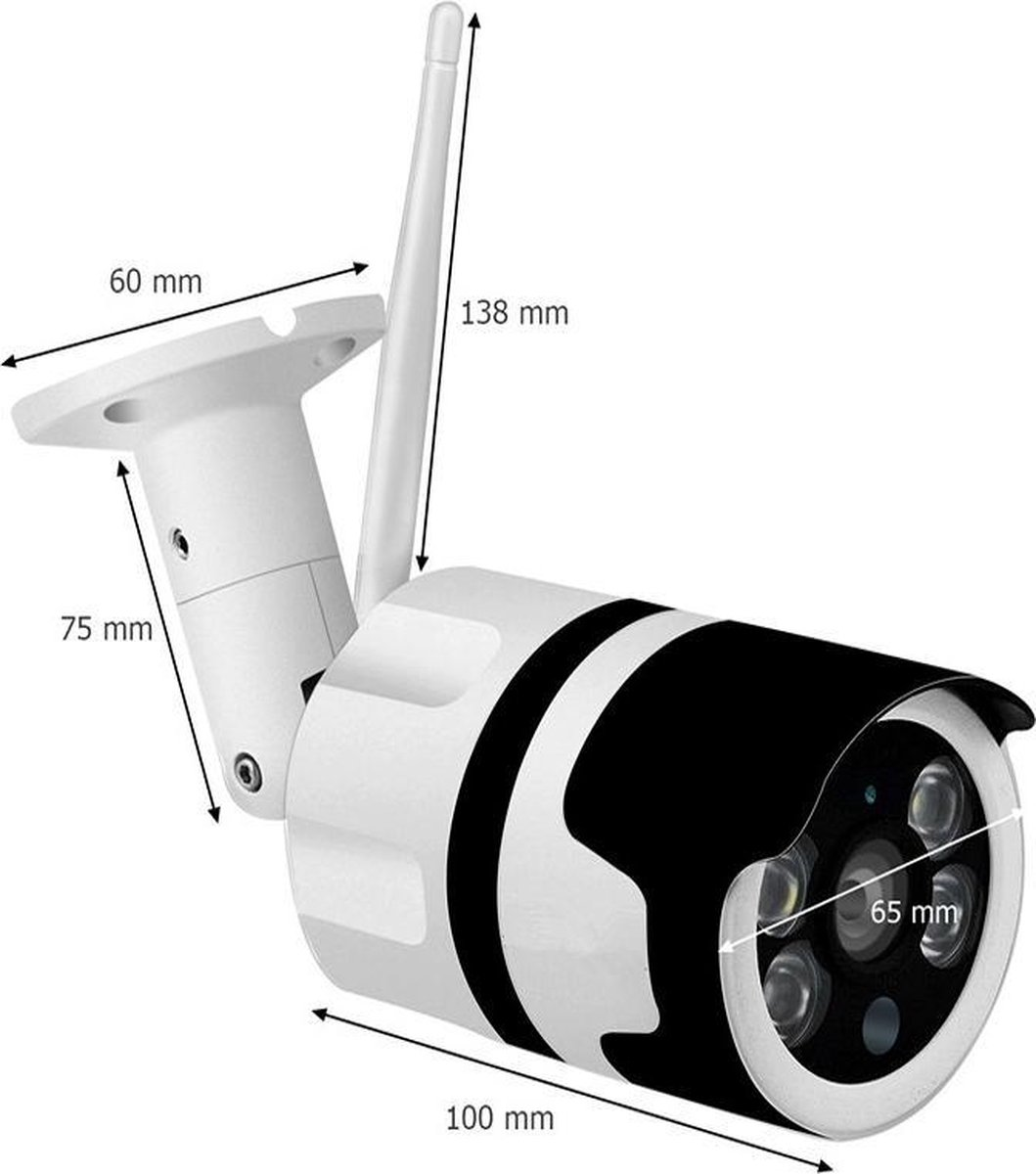 Een witte en zwarte beveiligingscamera met afmetingen. Het heeft een antenne en een lens met lichten.