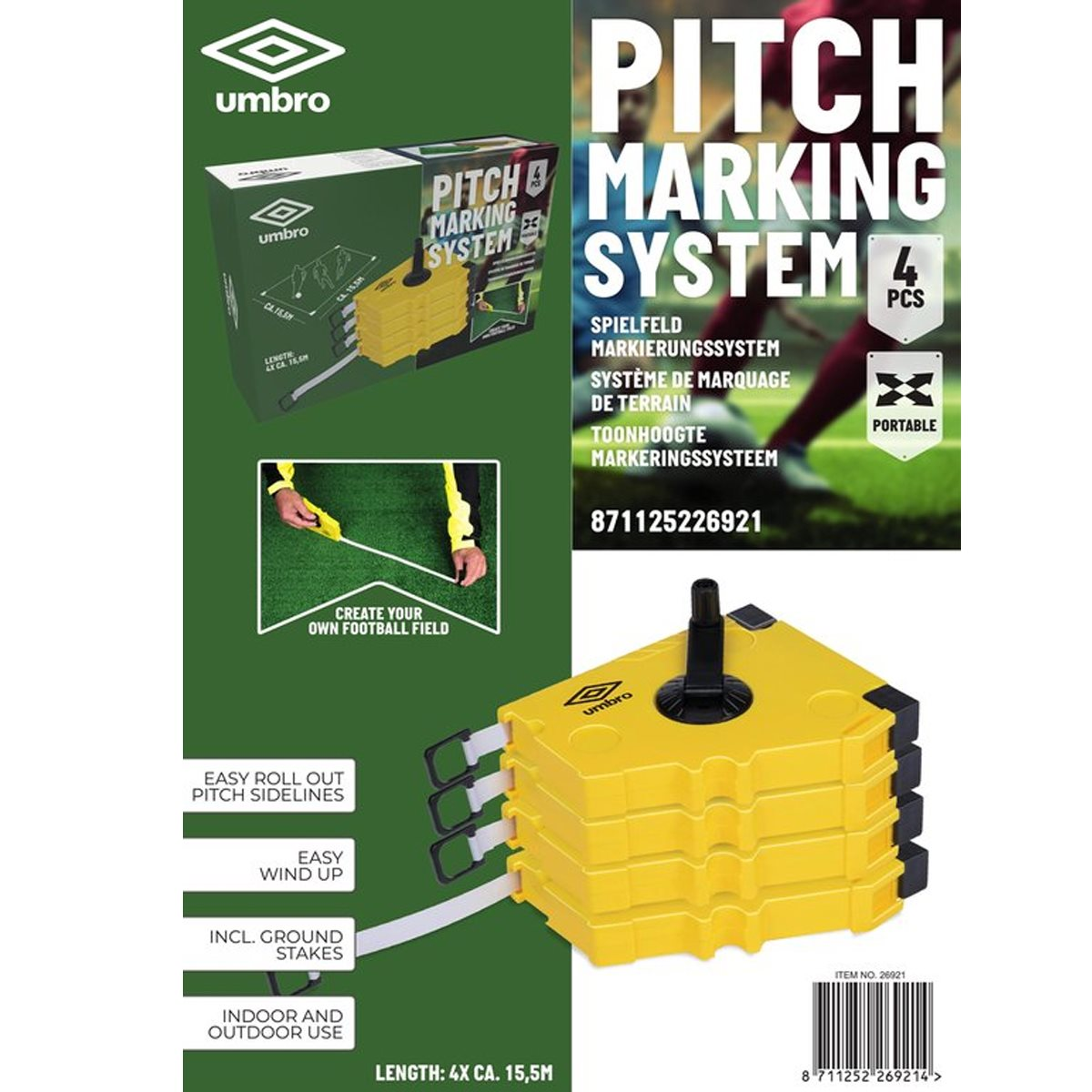 Umbro pitch marking system. Yellow markers, white tape, and a green background with text. Includes a diagram of field lines.