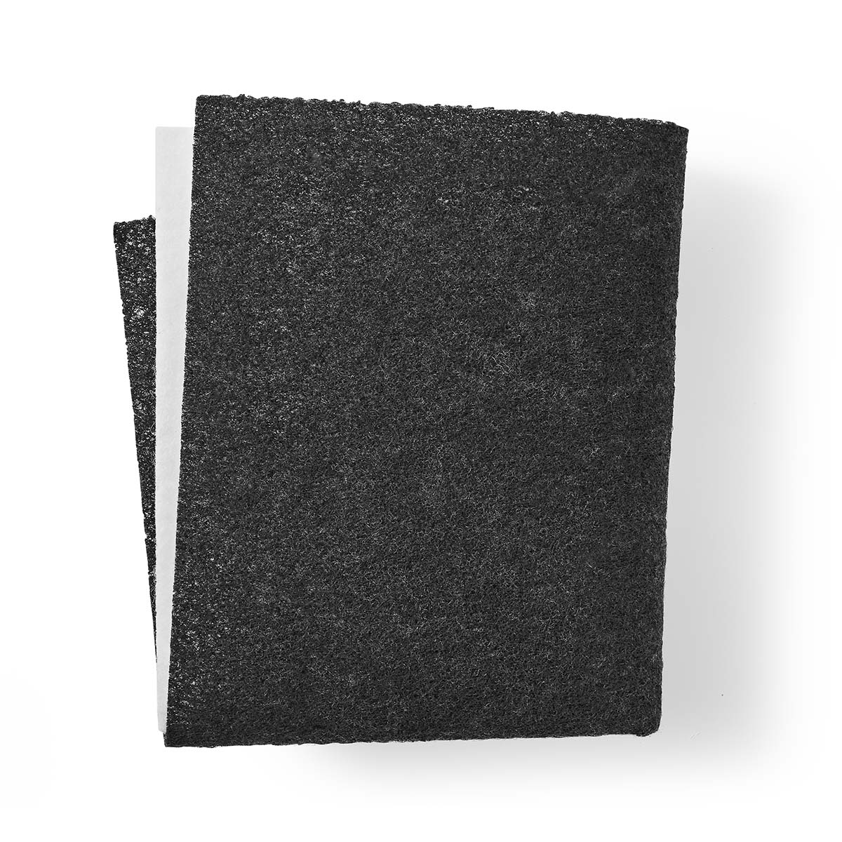 A stack of rectangular materials. The top layer is black, textured. A white layer is visible underneath. The background is white.