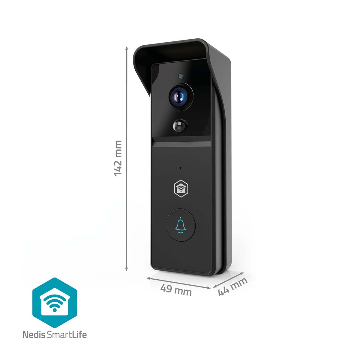 Zwarte slimme deurbel met camera, belpictogram en Wi-Fi-symbool. Afmetingen: 142 mm x 49 mm x 44 mm. Nedis SmartLife logo.