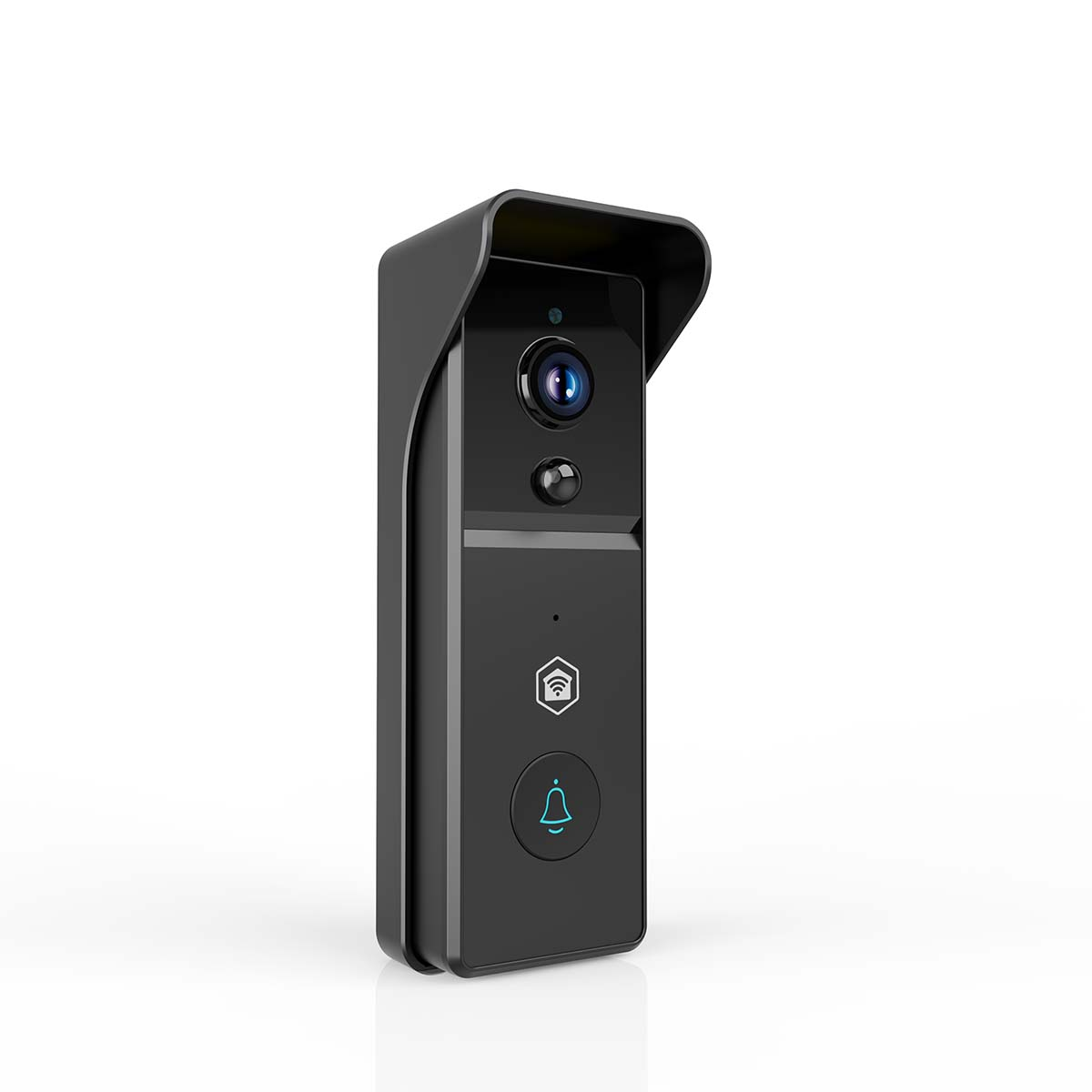 Een zwarte slimme deurbel met camera, wifi-symbool en belknop. Het heeft een zonneklep en staat op een wit oppervlak.