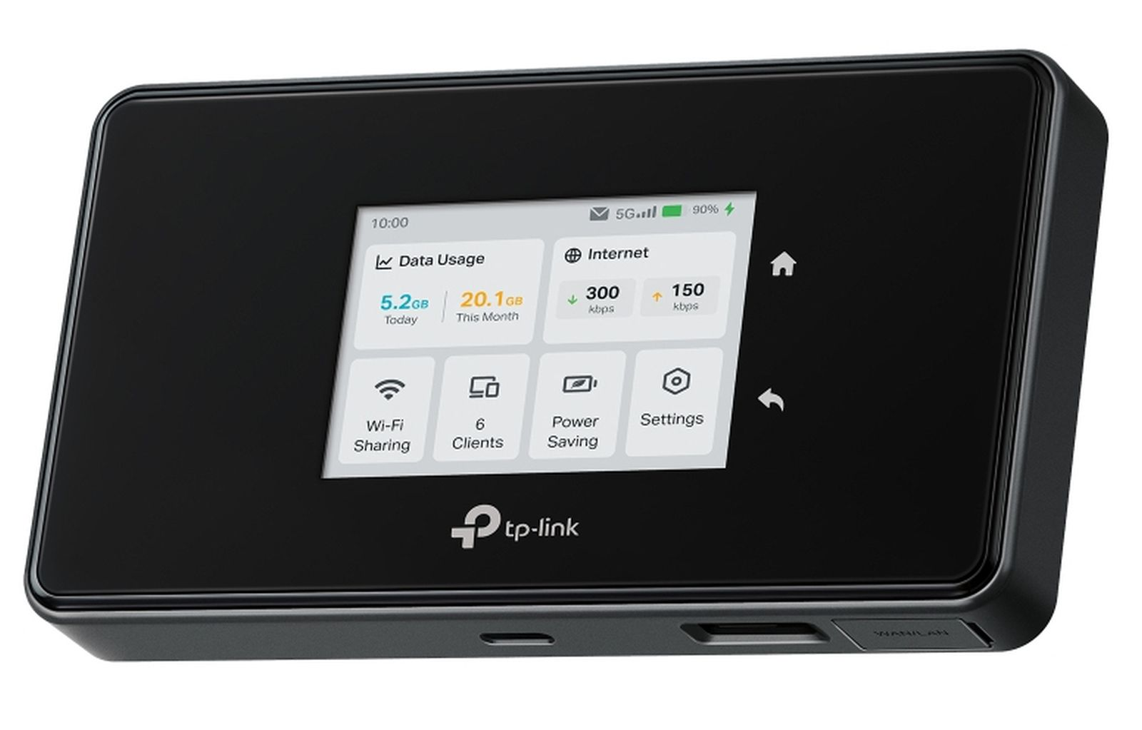 Ein schwarzer tragbarer TP-Link-Router zeigt Datennutzung und Internetgeschwindigkeit auf dem Bildschirm an. Symbole sind WLAN, Einstellungen und Energiesparen.