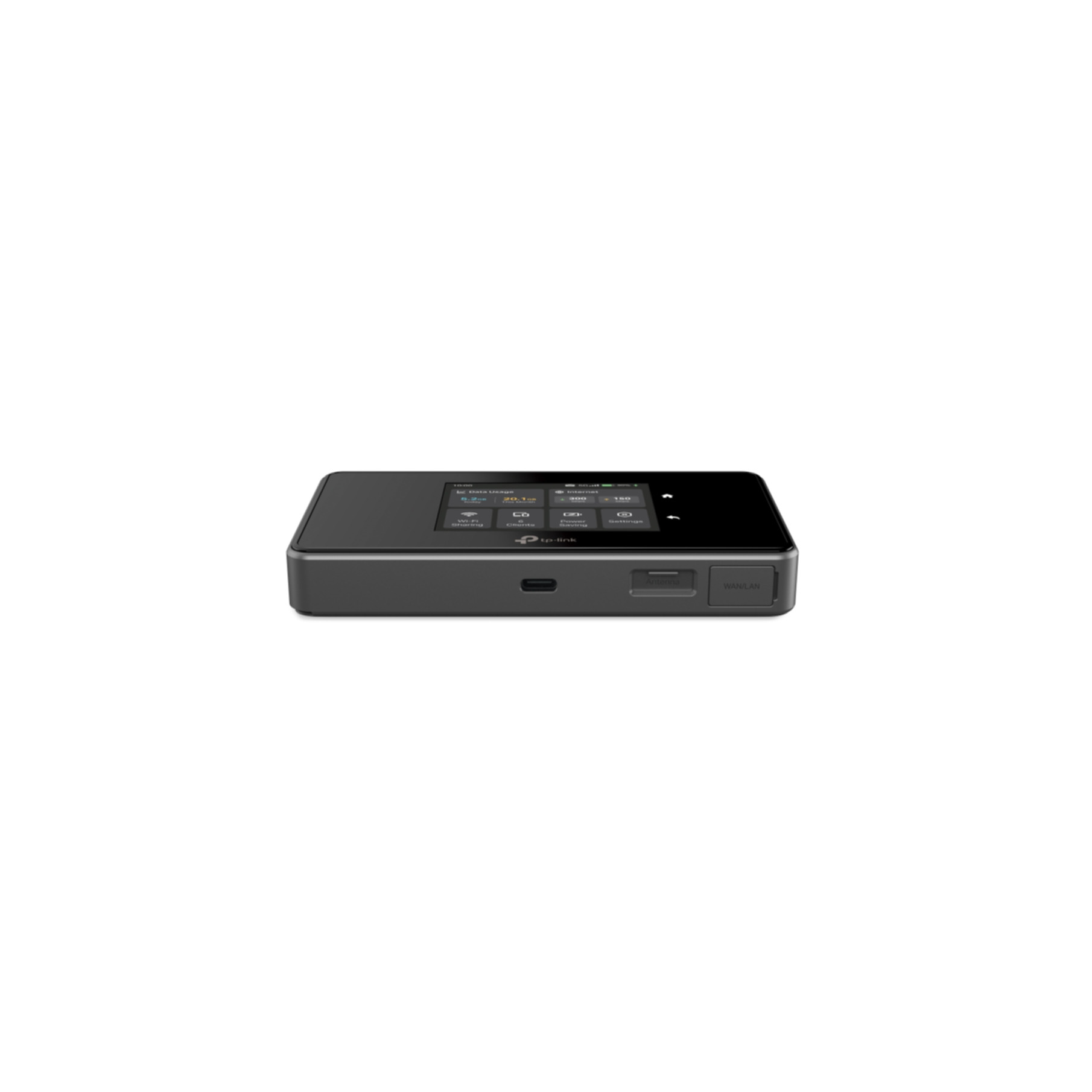 Een zwarte mobiele Wi-Fi-router van TP-Link wordt weergegeven. Het scherm toont netwerkinformatie. Het apparaat staat op een witte achtergrond.