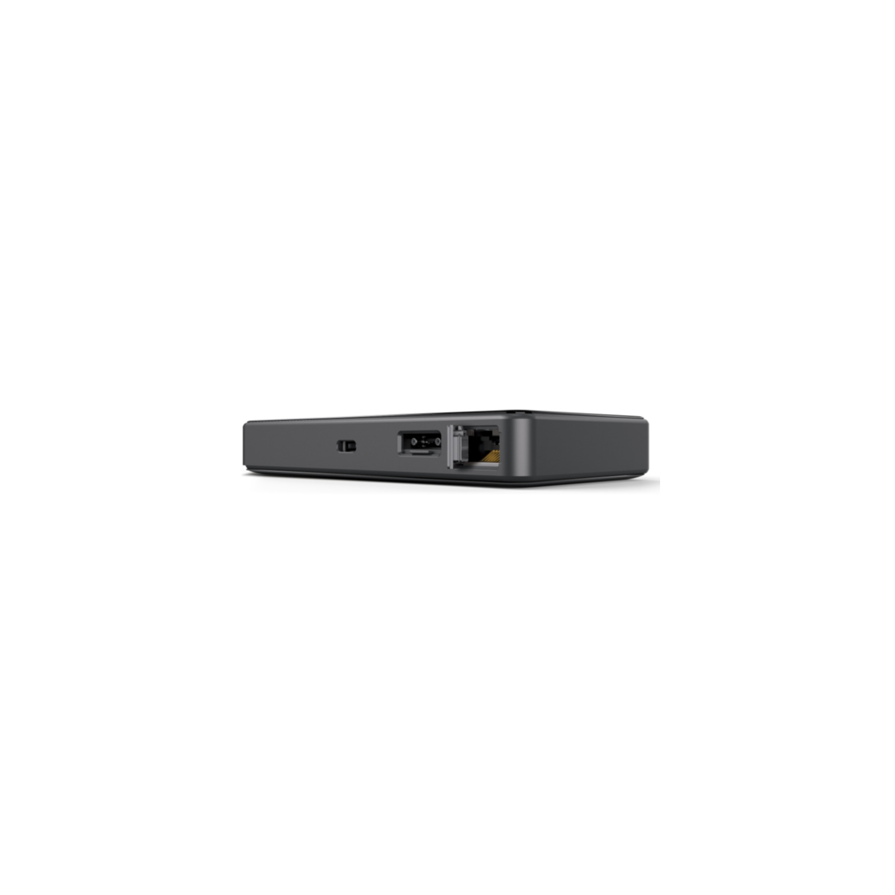 Een donkergrijs rechthoekig apparaat met poorten is gecentreerd tegen een witte achtergrond. Poorten zijn Ethernet en stroom.