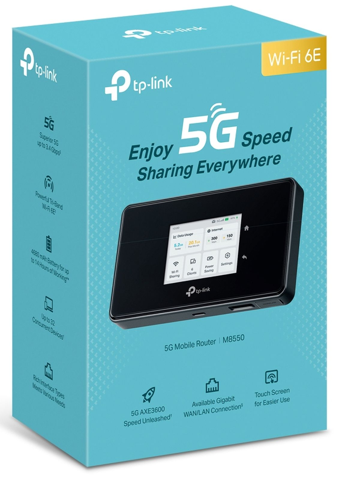 Doos van TP-Link 5G mobiele router M8550 met Wi-Fi 6E. De doos toont het apparaat en zijn functies.