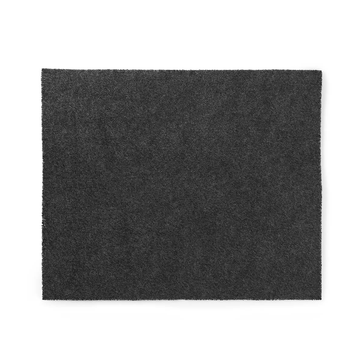 A square, dark gray rug is centered on a white background. The rug has a textured surface and a slightly irregular edge.