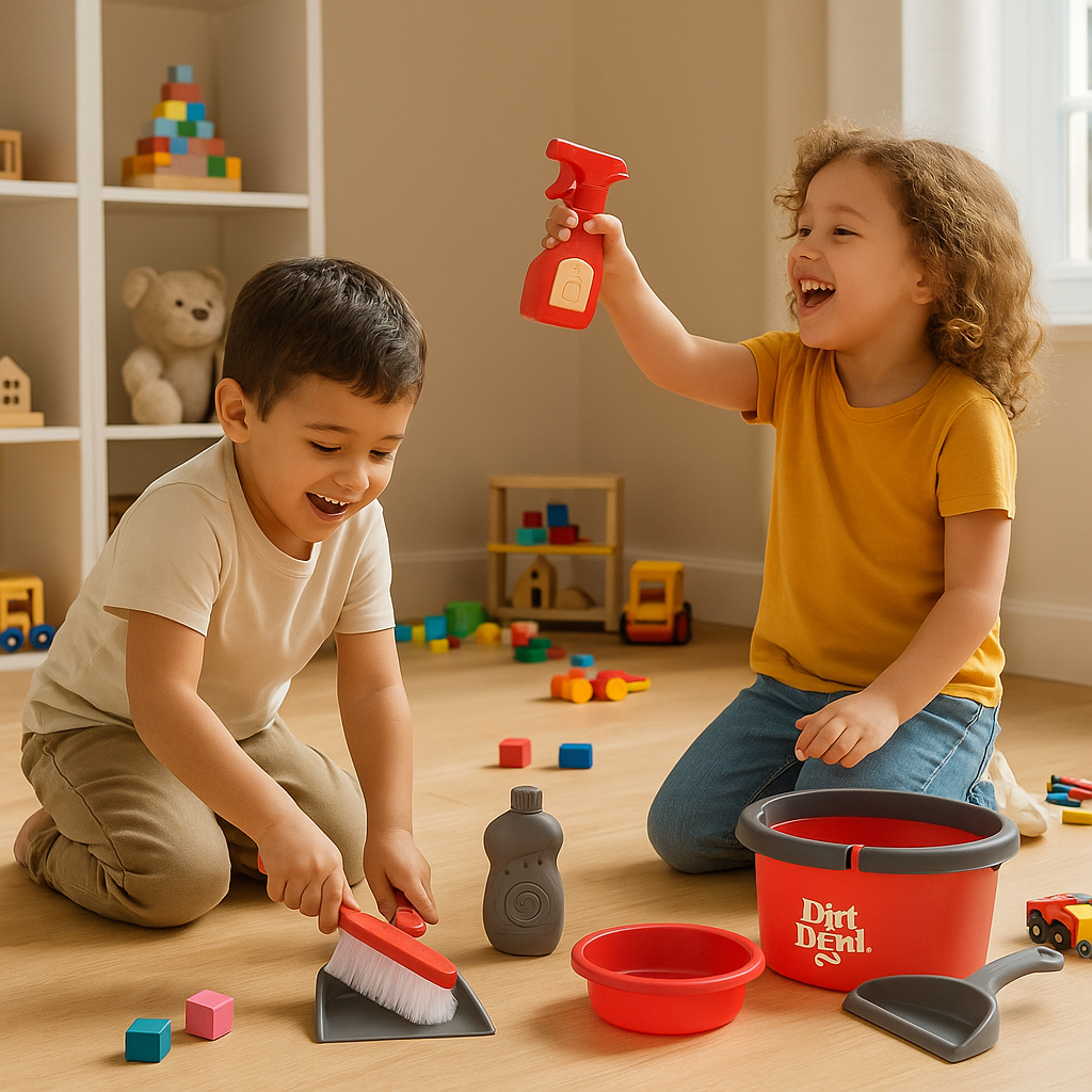 Two children play with cleaning toys: a red sprayer, brush, dustpan, bucket, and bowl on a wooden floor.