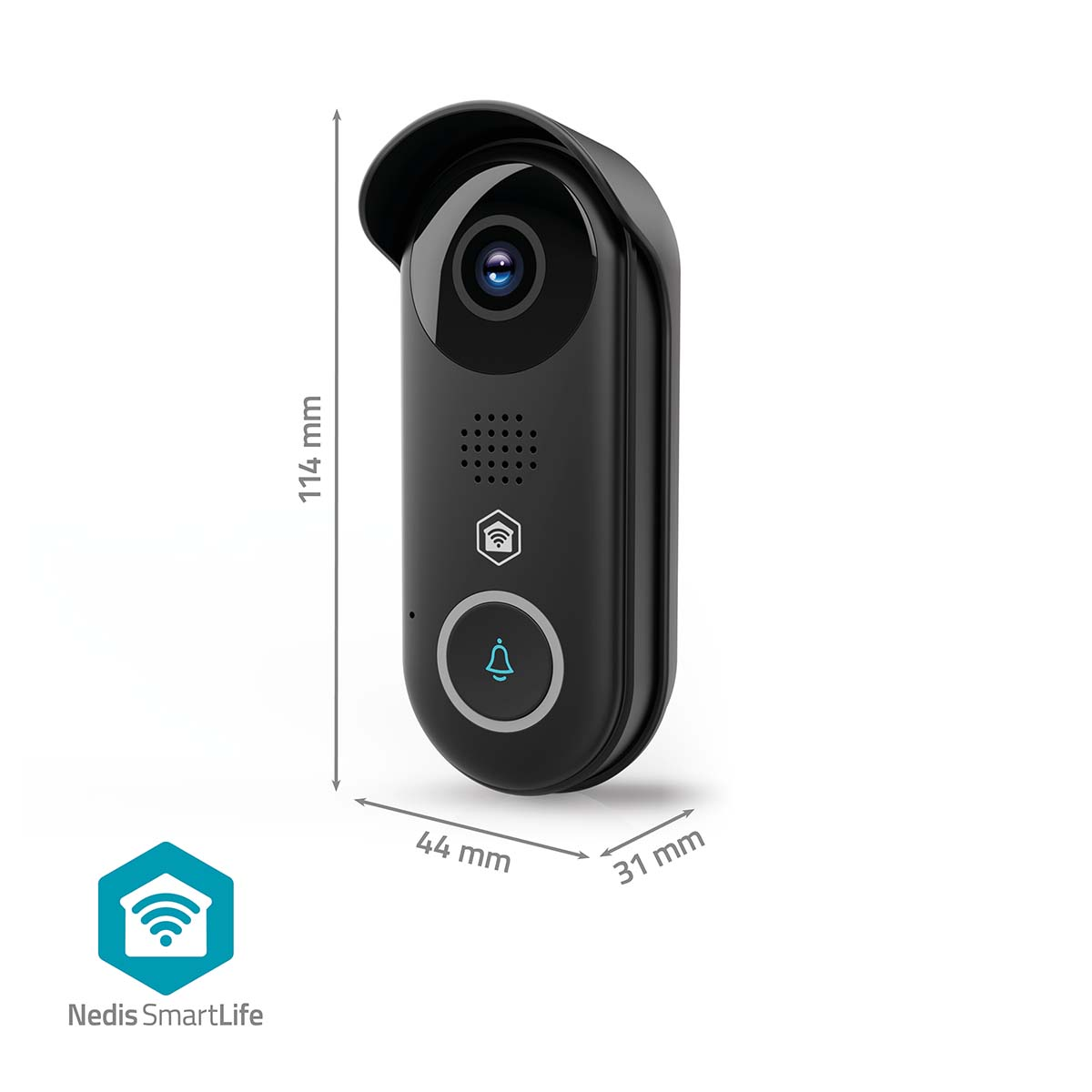Zwarte slimme videodeurbel met camera, luidspreker en belknop. Afmetingen worden weergegeven. Het Nedis SmartLife-logo staat in de hoek.