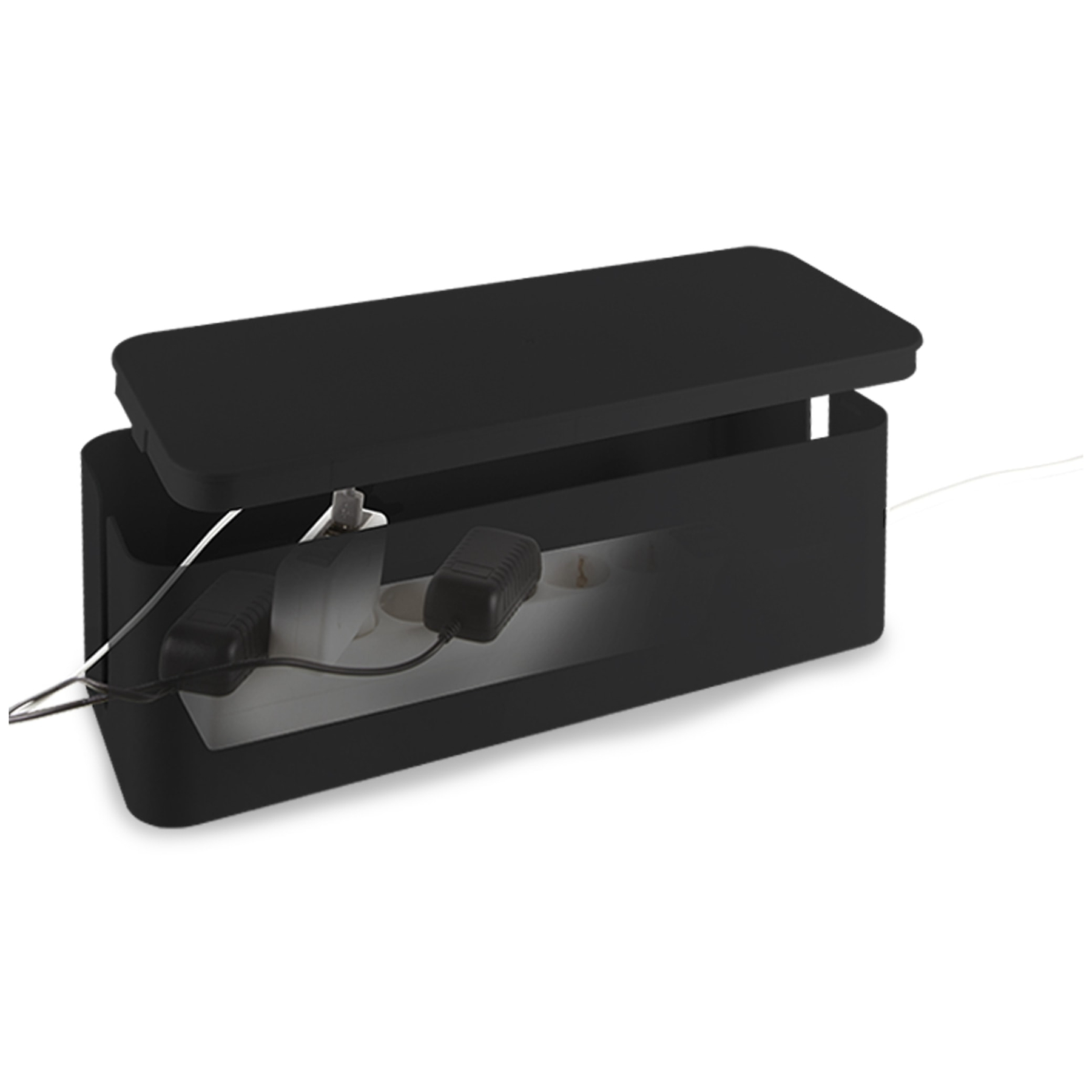 Schwarze Kabelbox mit offenem Deckel, zeigt Stecker und Kabel im Inneren. Weißer Hintergrund.