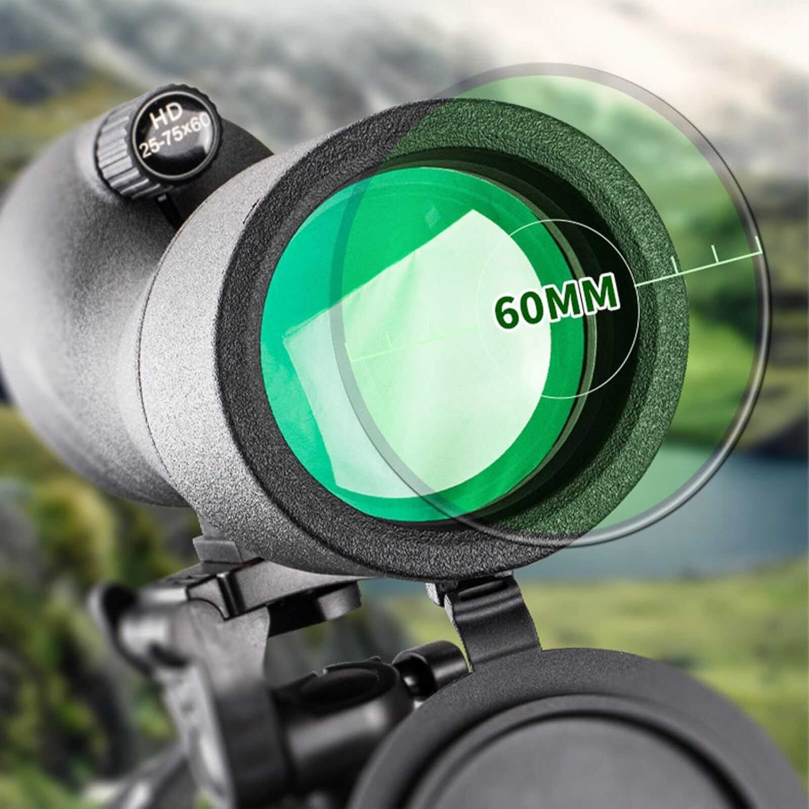 Un telescopio terrestre con lente verde se muestra con una marca de 60 mm. Está sobre un trípode con un fondo de montaña.