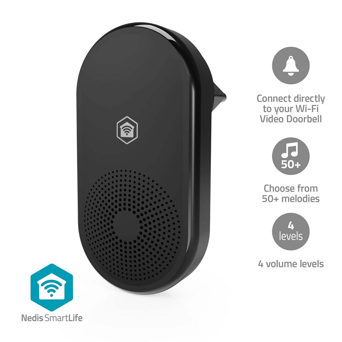 Zwart Nedis SmartLife-apparaat. Het maakt verbinding met een Wi-Fi-videodeurbel, heeft 50+ melodieën en 4 volumeniveaus.