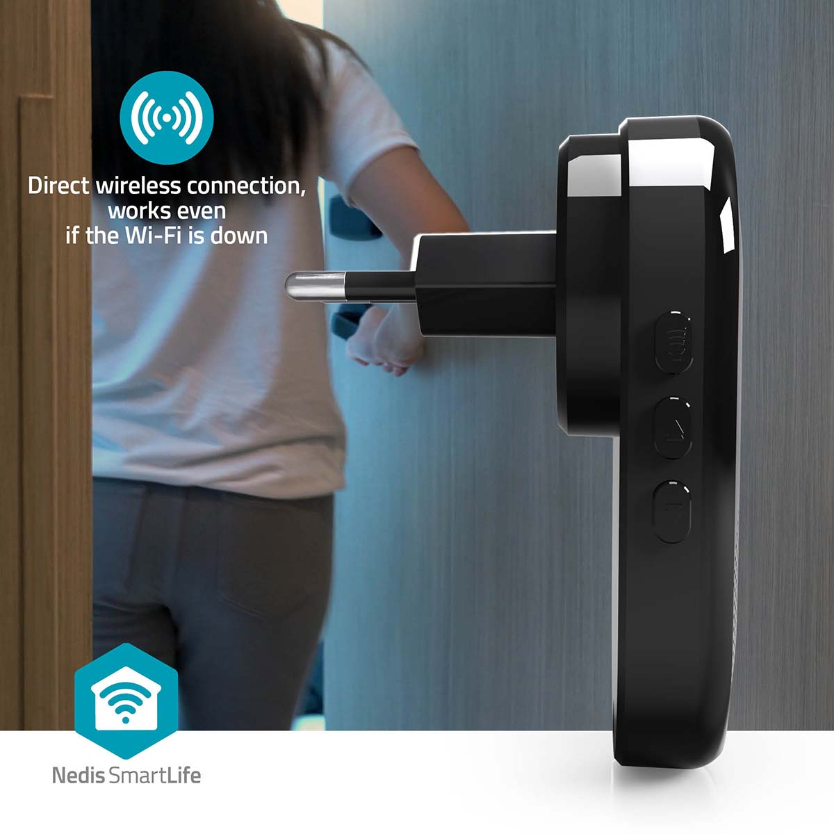 Zwart apparaat met stekker, in een deur gestoken. Een persoon opent de deur. Tekst: Directe draadloze verbinding, werkt zelfs zonder Wi-Fi.