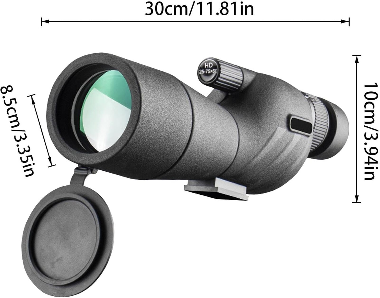 Un telescopio terrestre negro con dimensiones etiquetadas. Tiene una tapa de lente y un dial con texto.