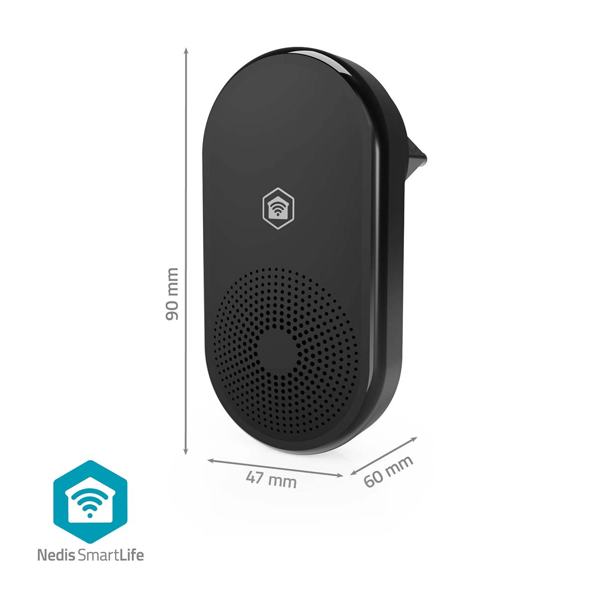 Zwart smart home-apparaat met Wi-Fi-symbool, afmetingen weergegeven. 'Nedis SmartLife'-logo linksonder, witte achtergrond.
