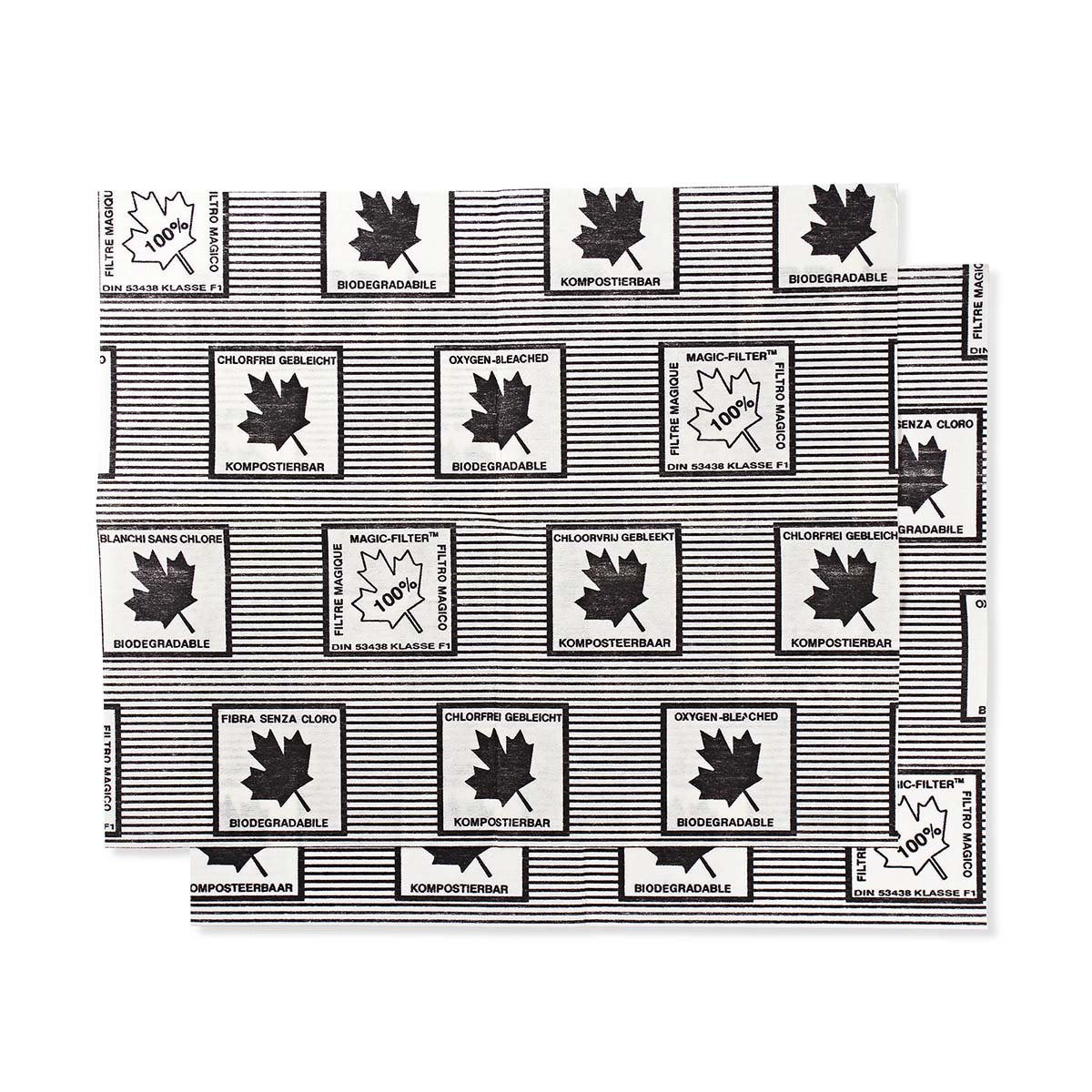 Two white patterned sheets with black lines. They have leaf symbols and text in multiple languages such as 'Biodegradable'.