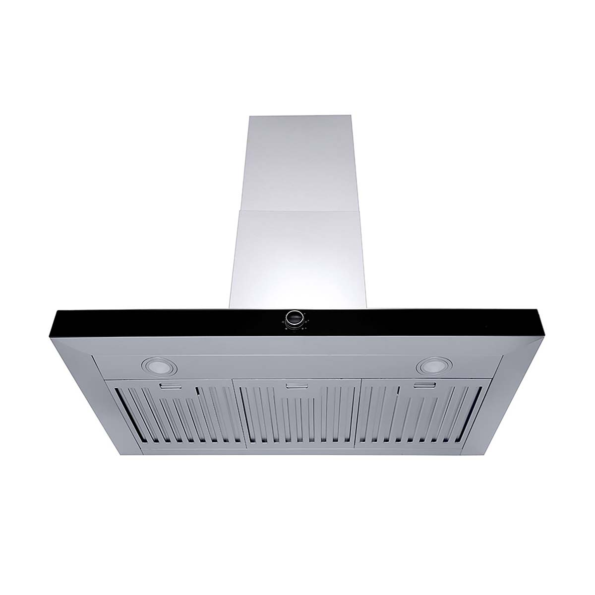 A silver and black range hood. It has a rectangular base with lights and a control panel. A chimney extends upwards from the base.