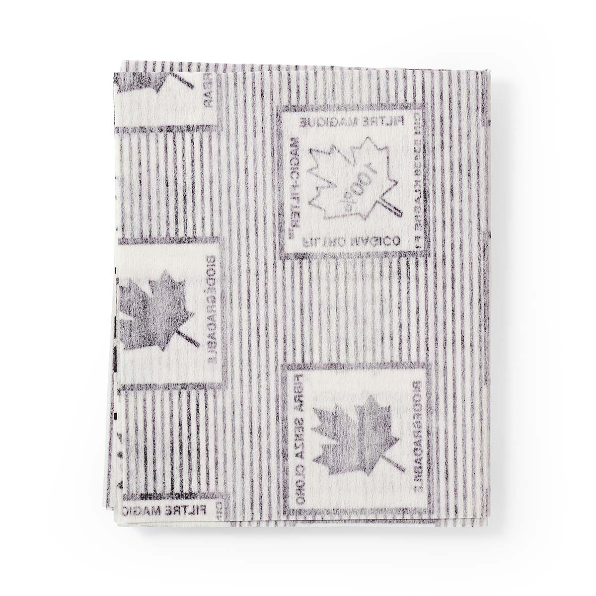 A folded paper with gray maple leaf stamps and vertical striped pattern.