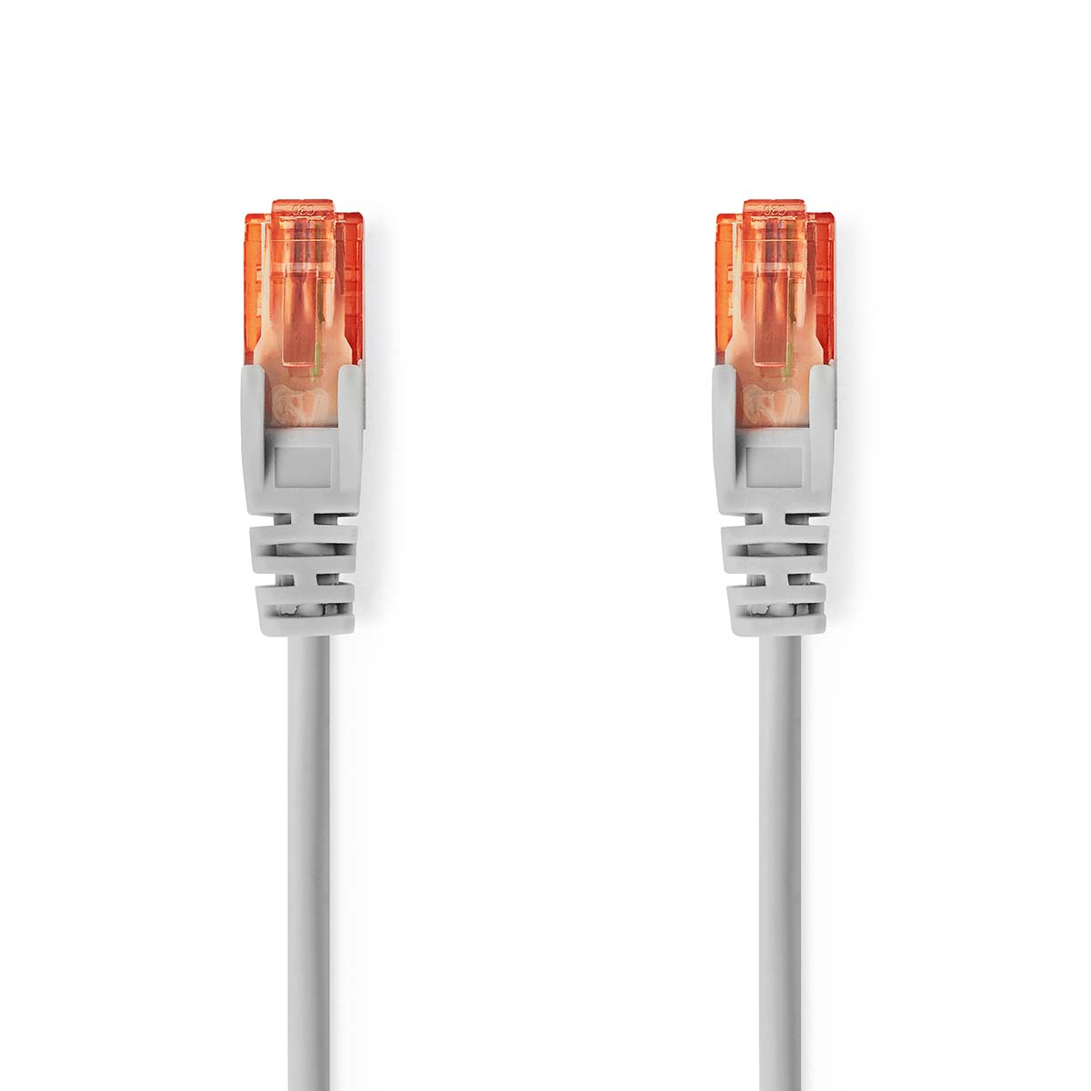 Twee grijze Ethernet-kabels met oranje connectoren op een witte achtergrond. Kabels zijn verticaal en uit elkaar geplaatst.