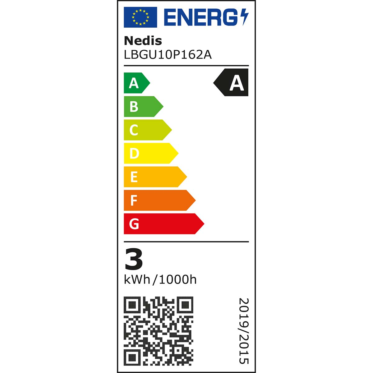 Energy label with a scale from A to G. The label is for a Nedis product with the model LBGU10P162A. It has energy consumption of 3 kWh/1000h.