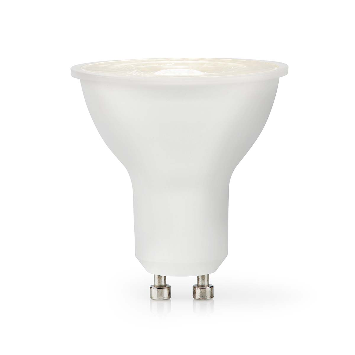A white LED spotlight bulb on a white background. It has a wide top and a narrow base with two metal pins.
