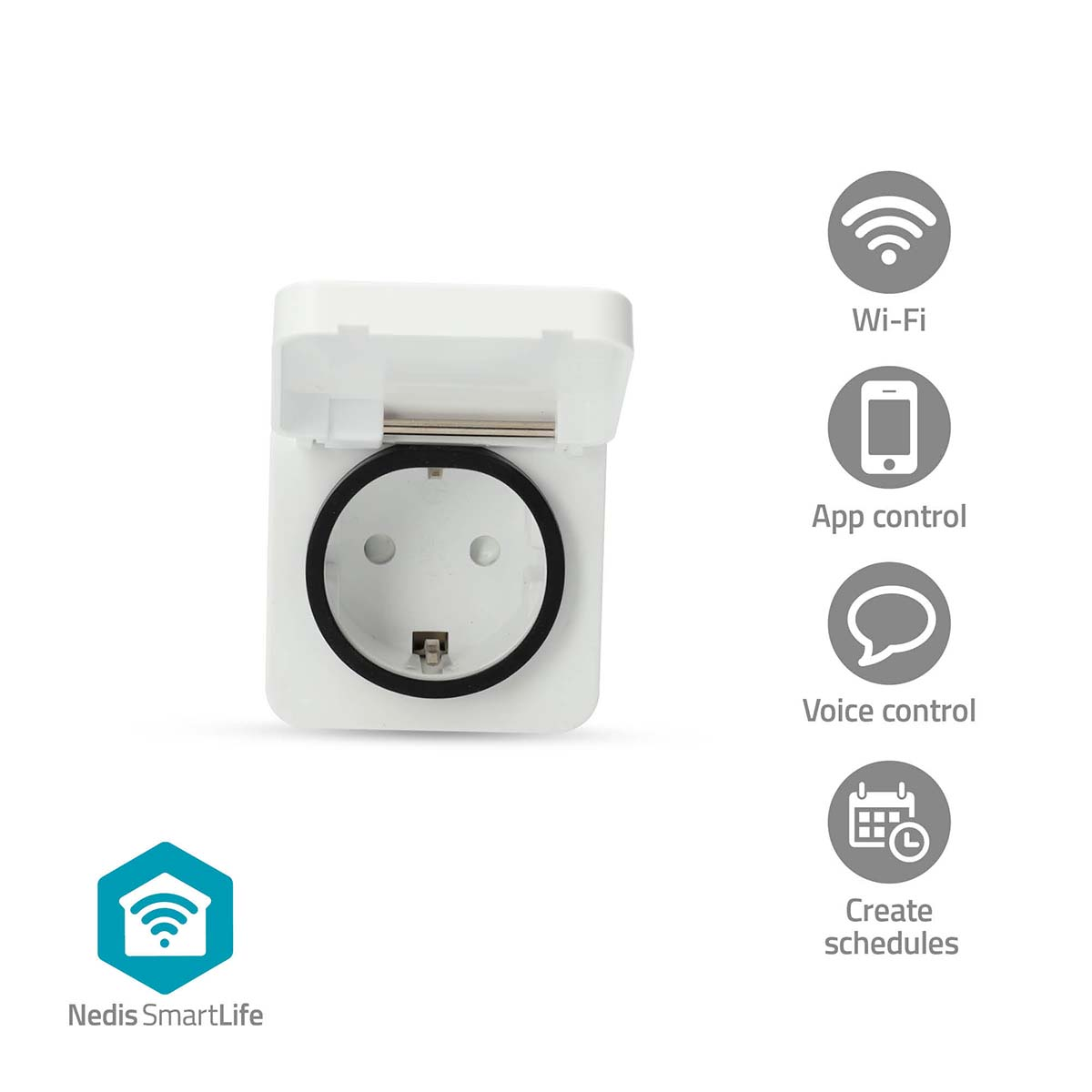 White smart plug with open cover. Icons for Wi-Fi, app control, voice control, and scheduling. Nedis SmartLife logo.