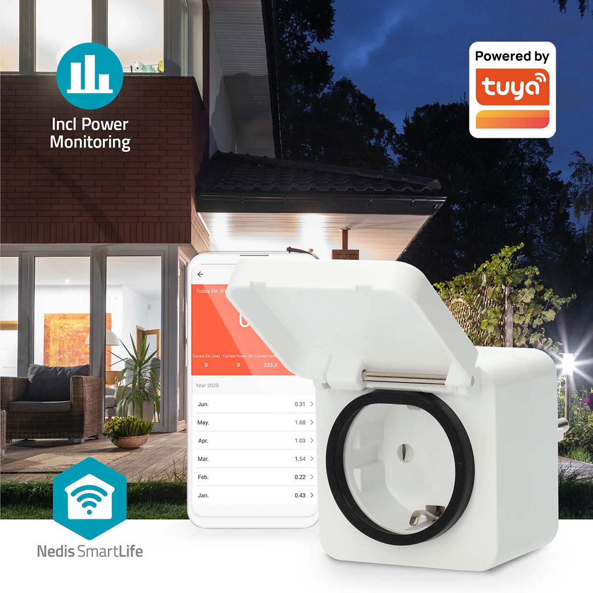 A white smart plug with an open lid. A phone shows energy usage data. A house and the Tuya logo are in the background.