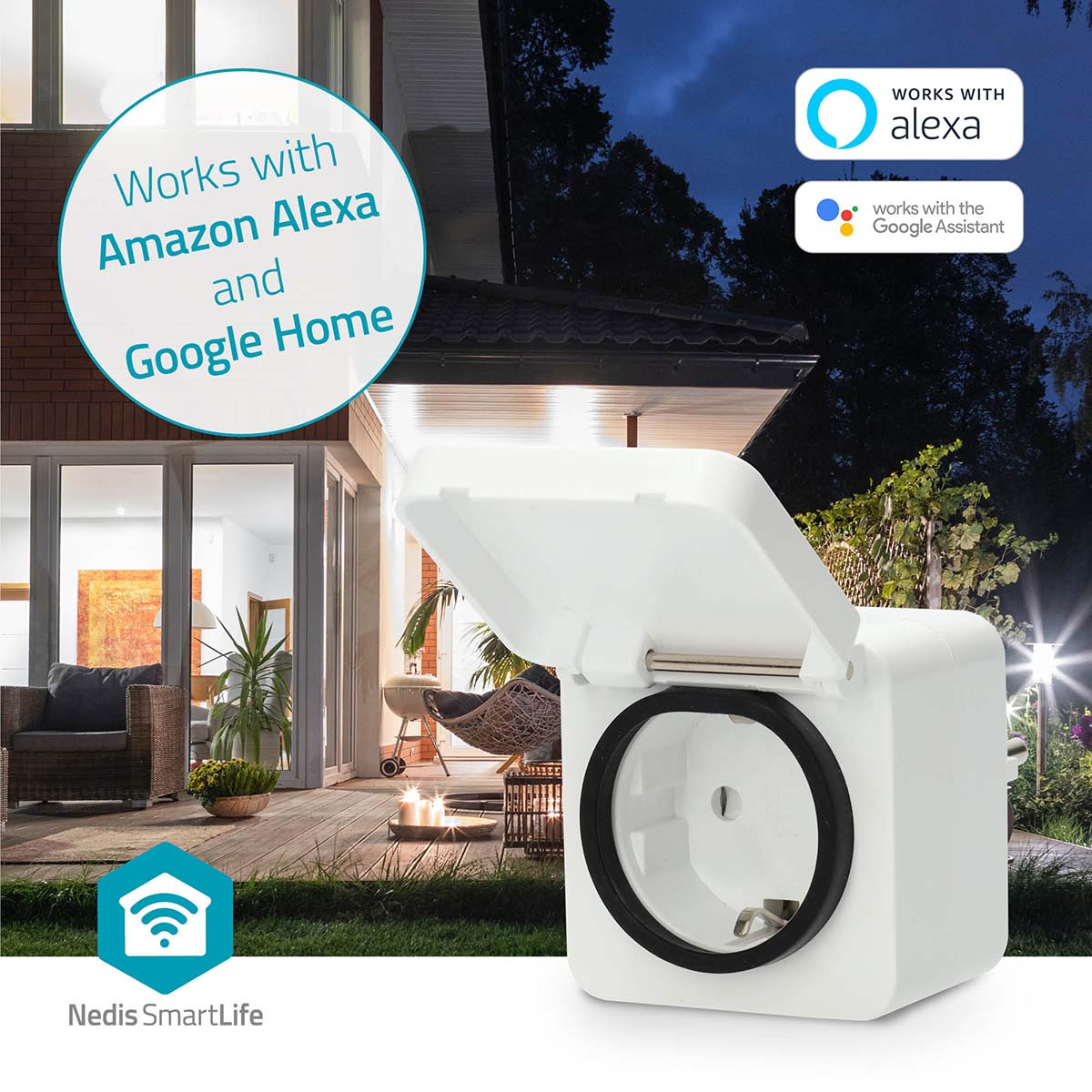 A smart plug with an open lid, outdoor scene, and Alexa/Google Home compatibility logos. Text says 'Works with Amazon Alexa and Google Home'.