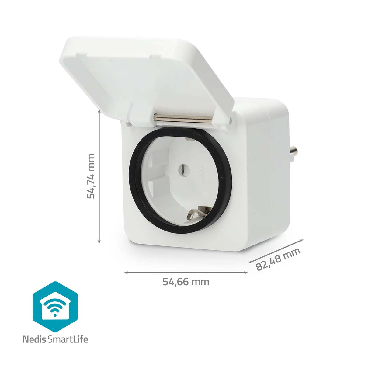 A white smart plug with an open cover. Dimensions are displayed. A logo of Nedis SmartLife is in the lower left corner.