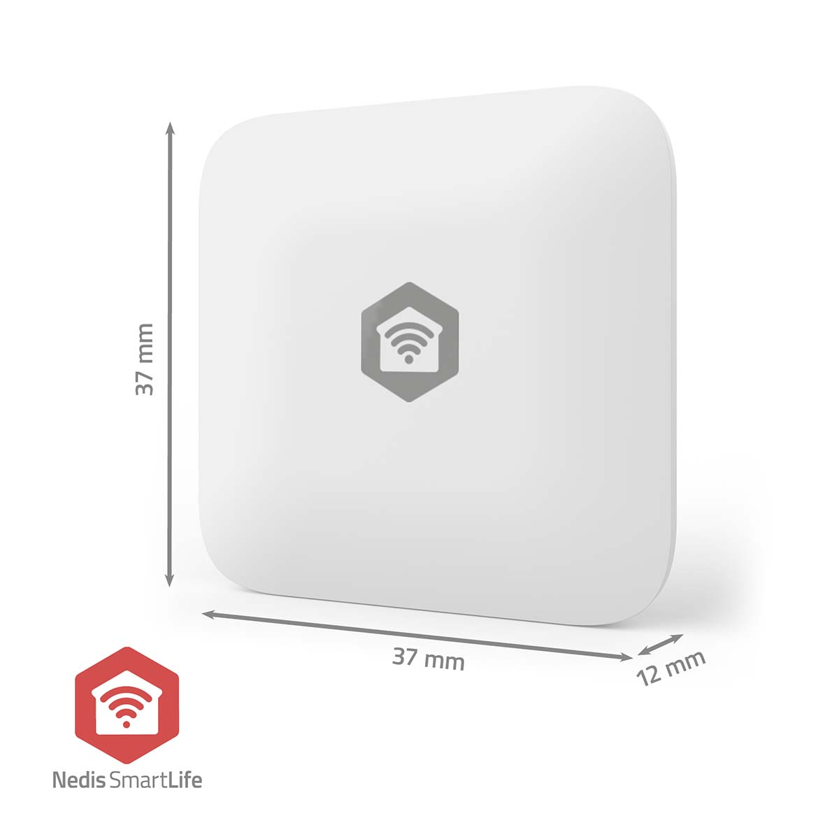A white square smart home device with a wifi symbol. Dimensions are shown: 37mm x 37mm x 12mm. A red logo is at the bottom.