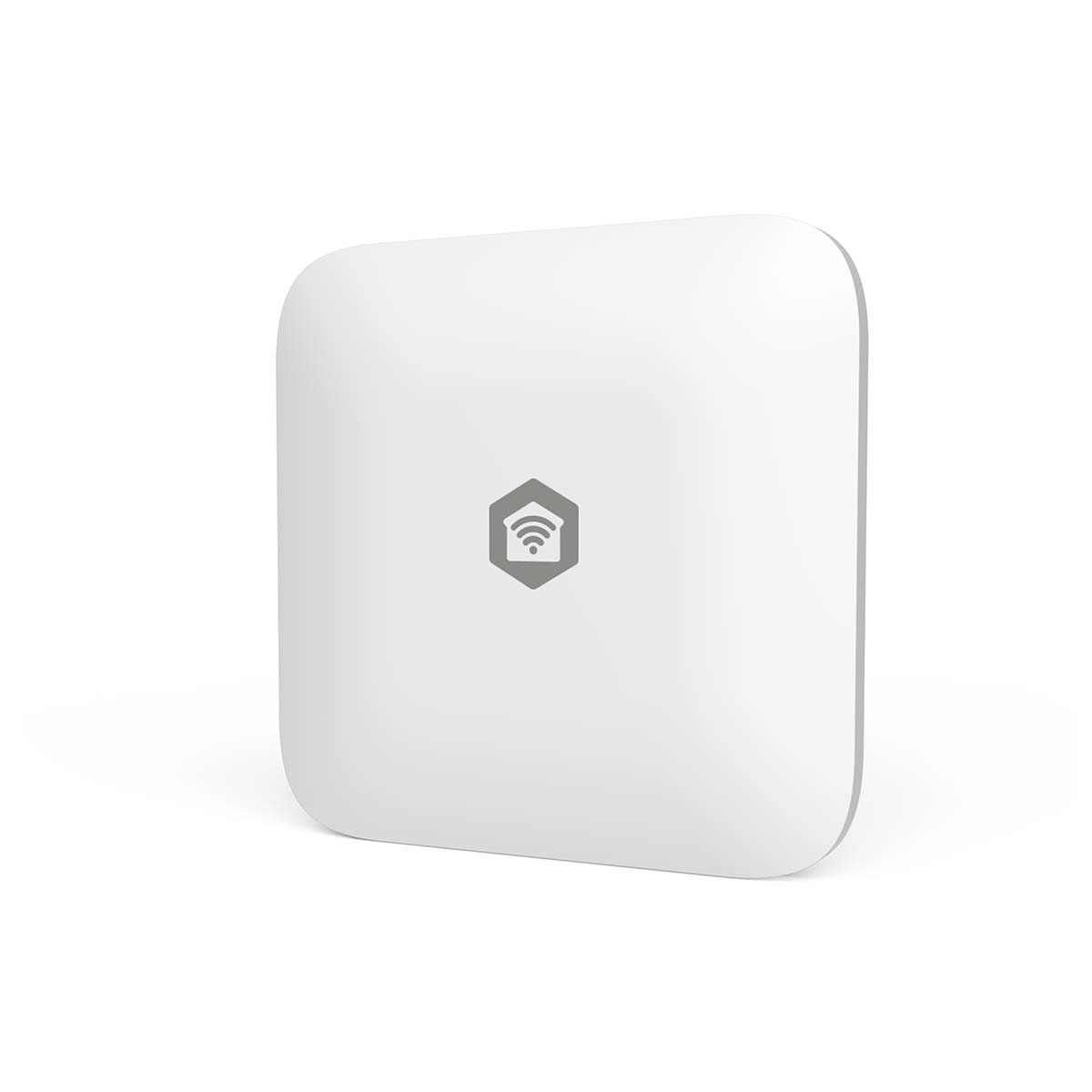 A white, square smart home device with rounded corners. It has a gray symbol of a house and signal.