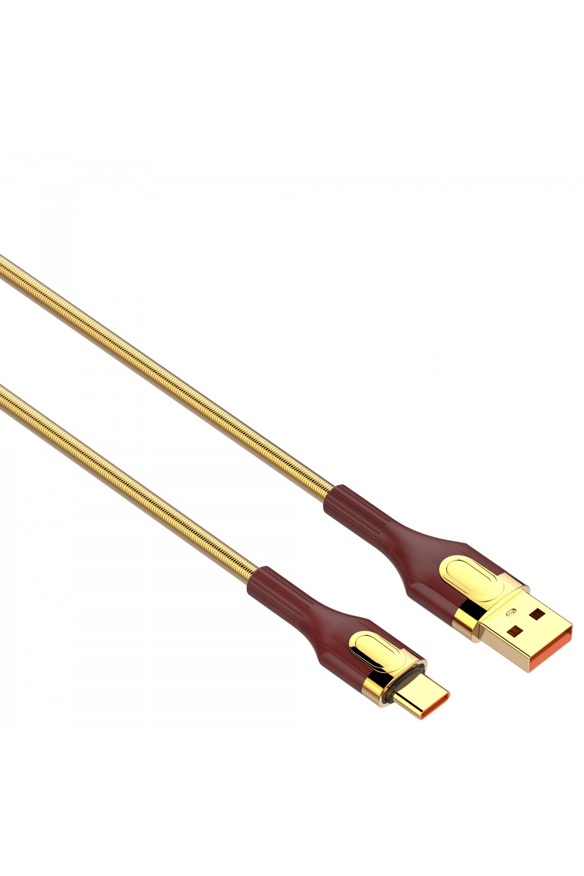 Kahverengi konektörlü altın USB kablosu. Bir ucu USB-A, diğeri USB-C. Arka plan düz beyazdır.