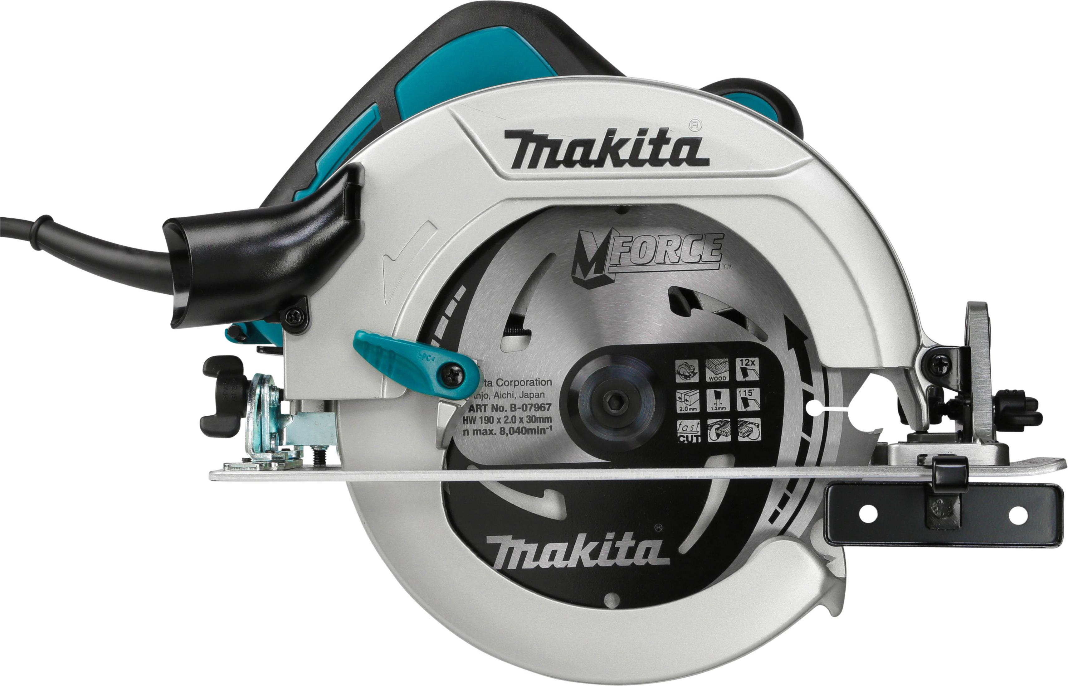 A Makita circular saw with a silver blade and black and teal accents. The blade is labeled with 'M FORCE'.
