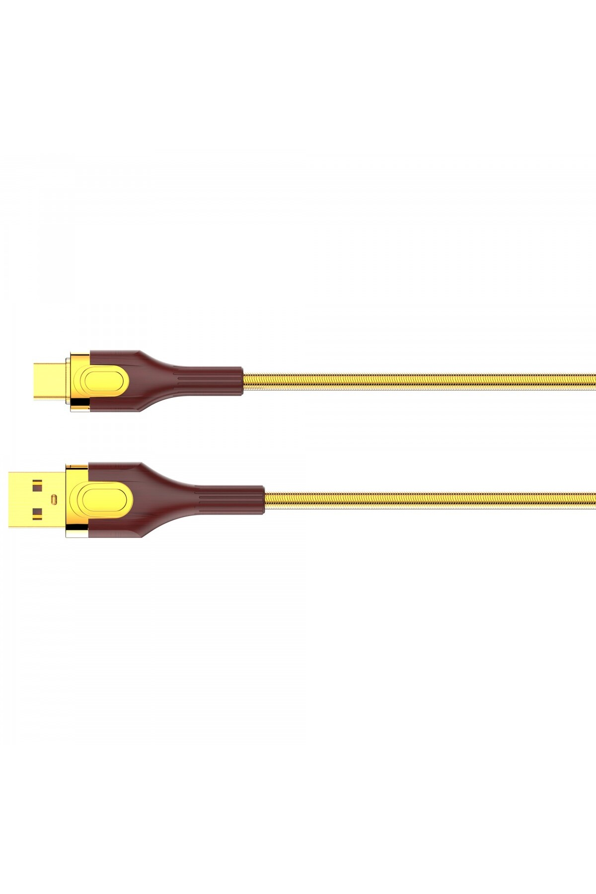 İki şarj kablosu. USB-C ve USB konektörleri kahverengi ve altın rengidir. Kablolar altın rengidir. Beyaz zemin.