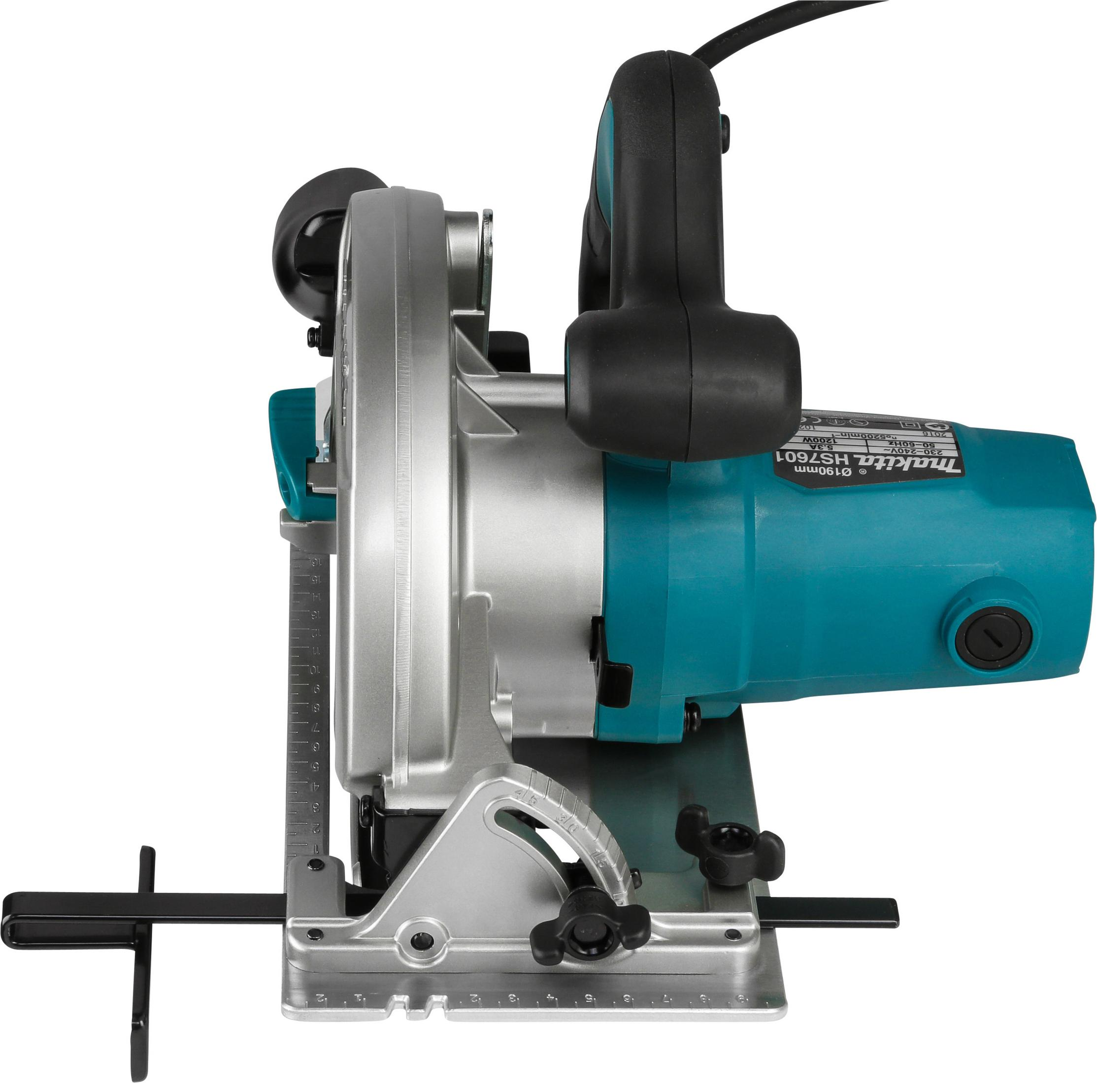 A Makita HS7601 circular saw, silver and teal, with a black handle and a black cable, on a white background.