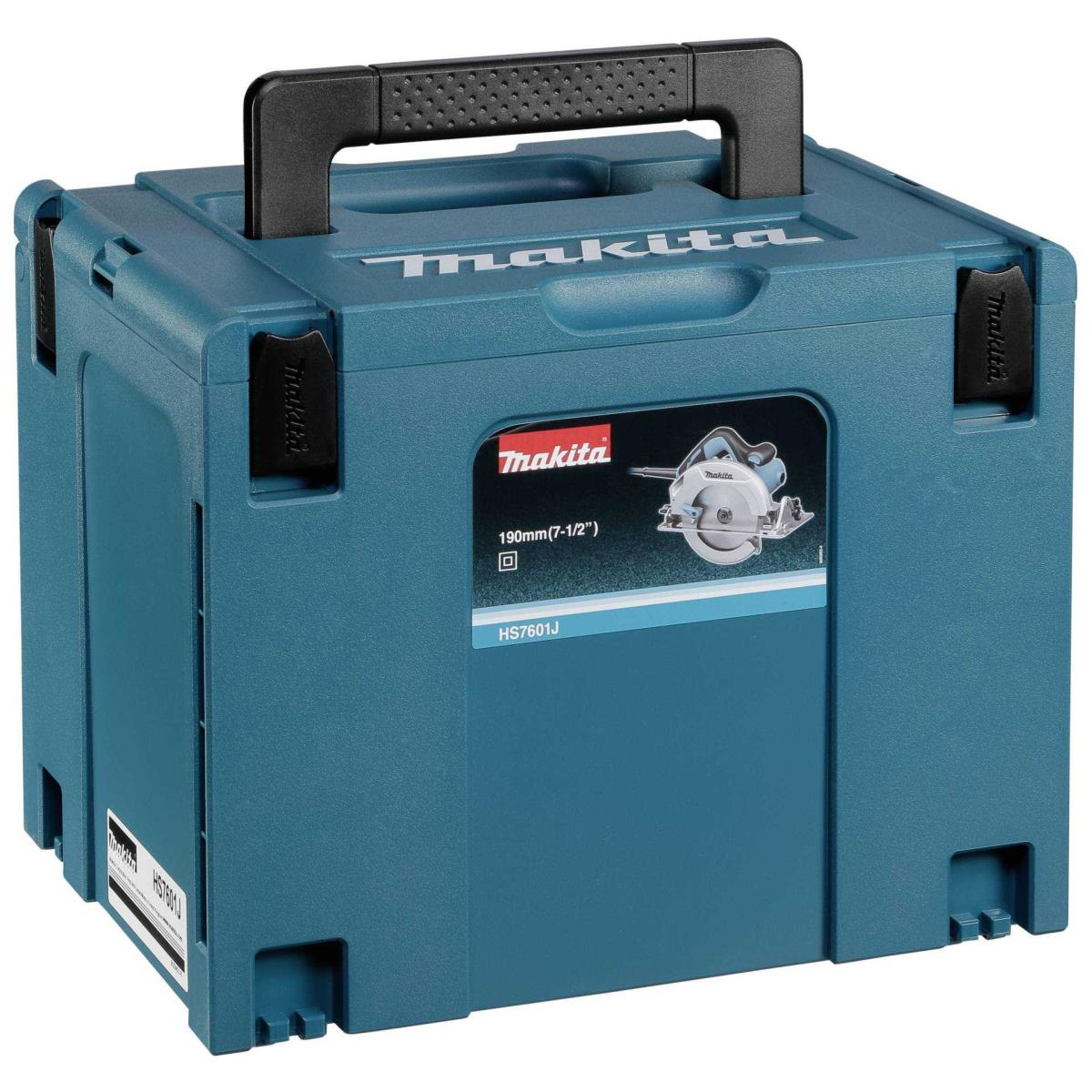 A teal Makita toolbox with a black handle. It has the Makita logo and a picture of a circular saw on the front.