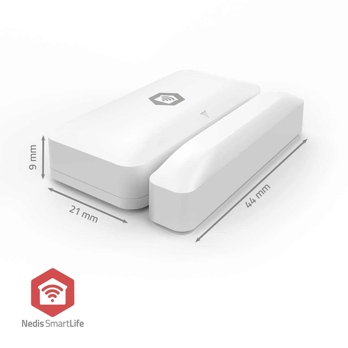 Weißer Smart-Home-Türsensor mit Maßangaben. Unten befindet sich ein rotes Nedis SmartLife-Logo. Der Sensor befindet sich auf weißem Hintergrund.