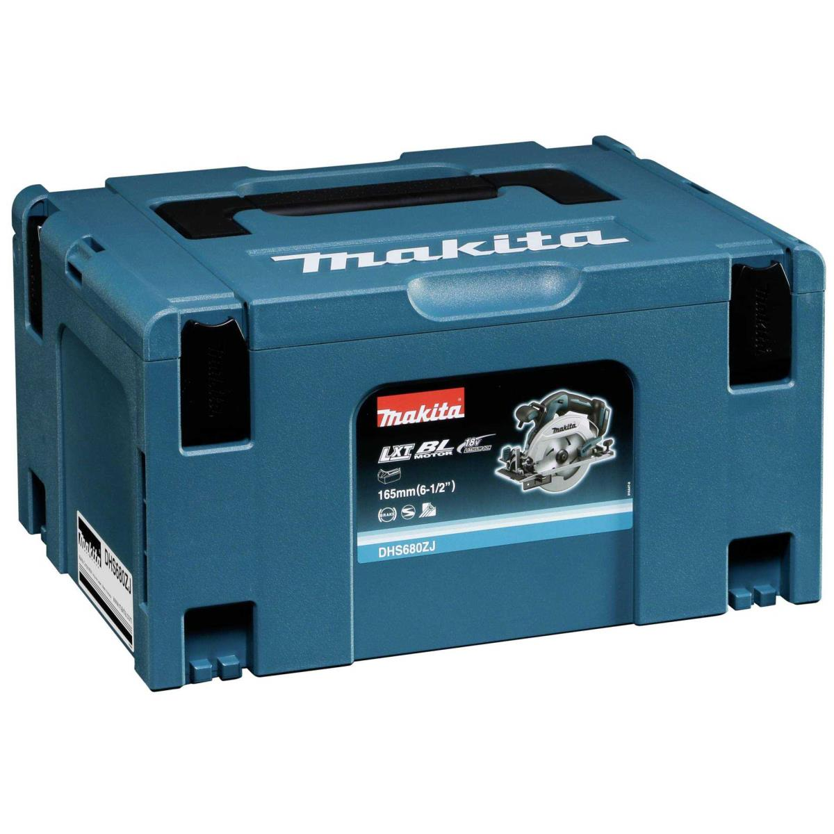 Eine türkisfarbene Makita-Werkzeugbox. Das Makita-Logo ist sichtbar. Es gibt einen Aufkleber mit Modellinformationen und eine Zeichnung einer Kreissäge.