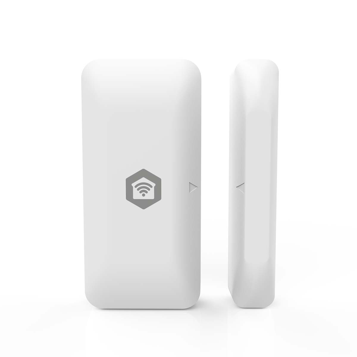 Zwei weiße, rechteckige Smart-Home-Geräte. Eines hat ein Wi-Fi-Symbol. Beide haben ein kleines Dreieck. Alles auf weißem Hintergrund.