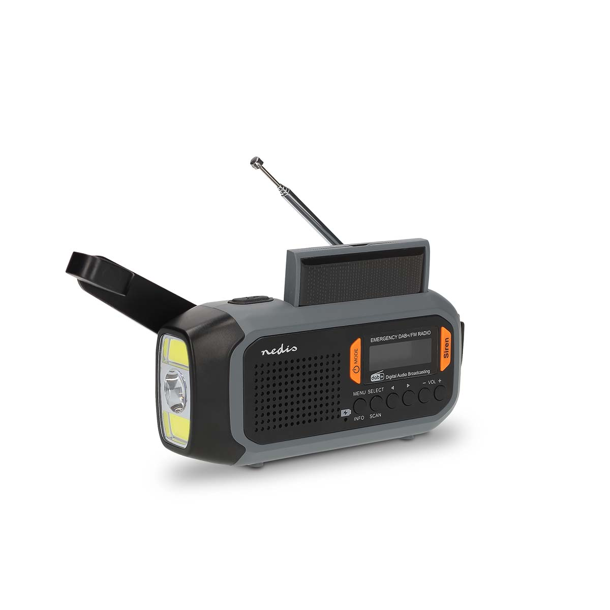 Een grijs-zwarte noodradio met zaklamp, zonnepaneel en antenne. Het heeft knoppen en een scherm.