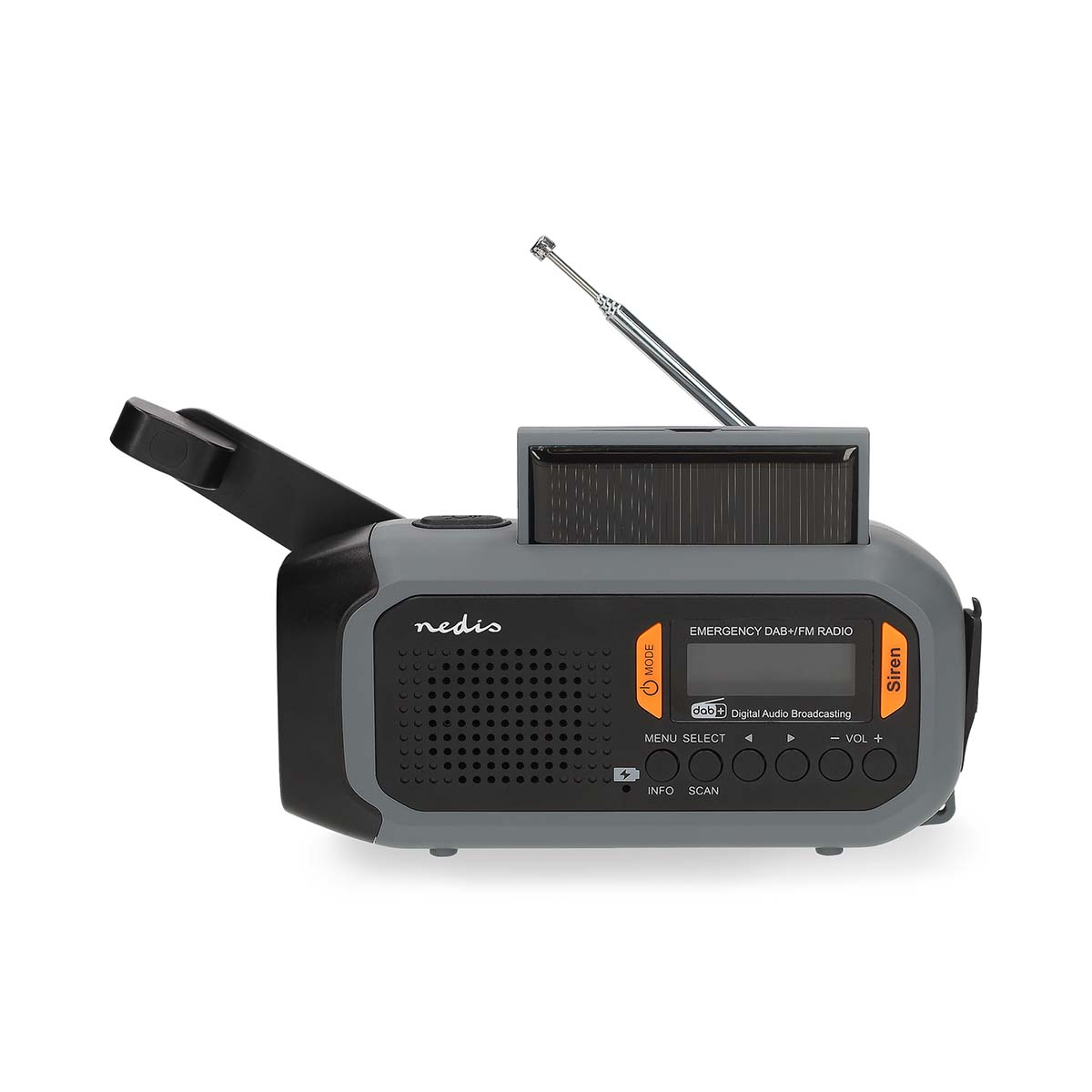 Een grijs-zwarte nood-DAB+/FM-radio met zonnepaneel, sirene en antenne. De radio heeft knoppen en een luidspreker.