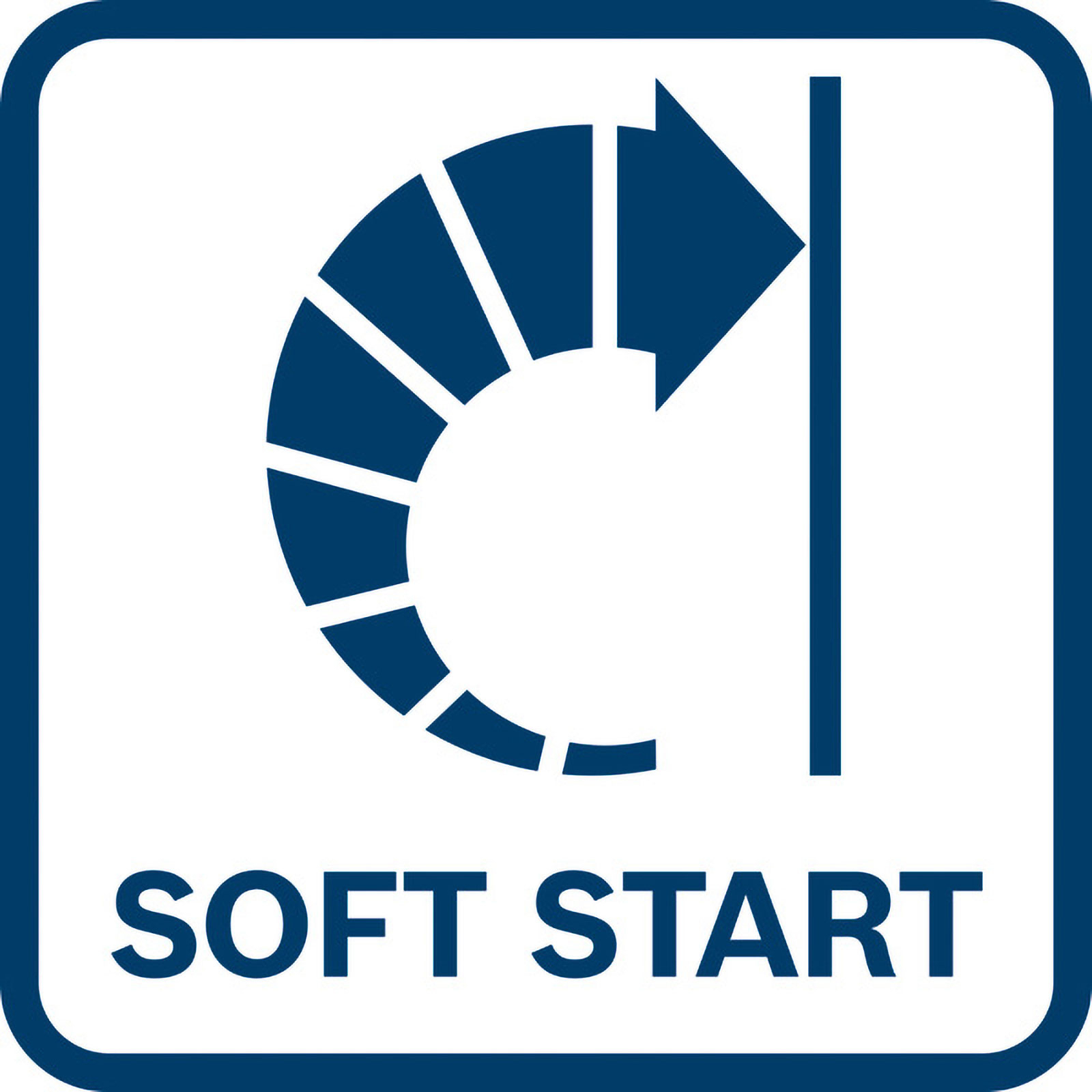 Icona con una freccia blu che circonda una linea verticale, etichettata 'SOFT START'.