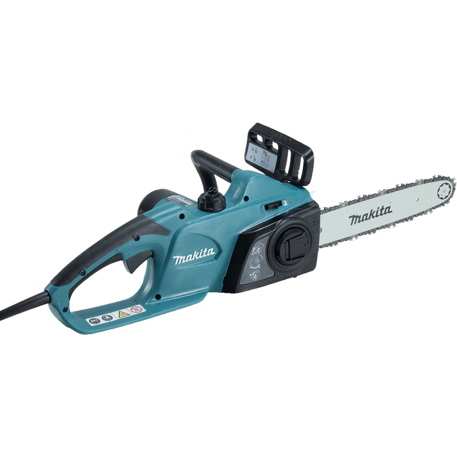 Een turquoise Makita elektrische kettingzaag. Het heeft een zwarte handgreep en blad. Het Makita-logo is zichtbaar.