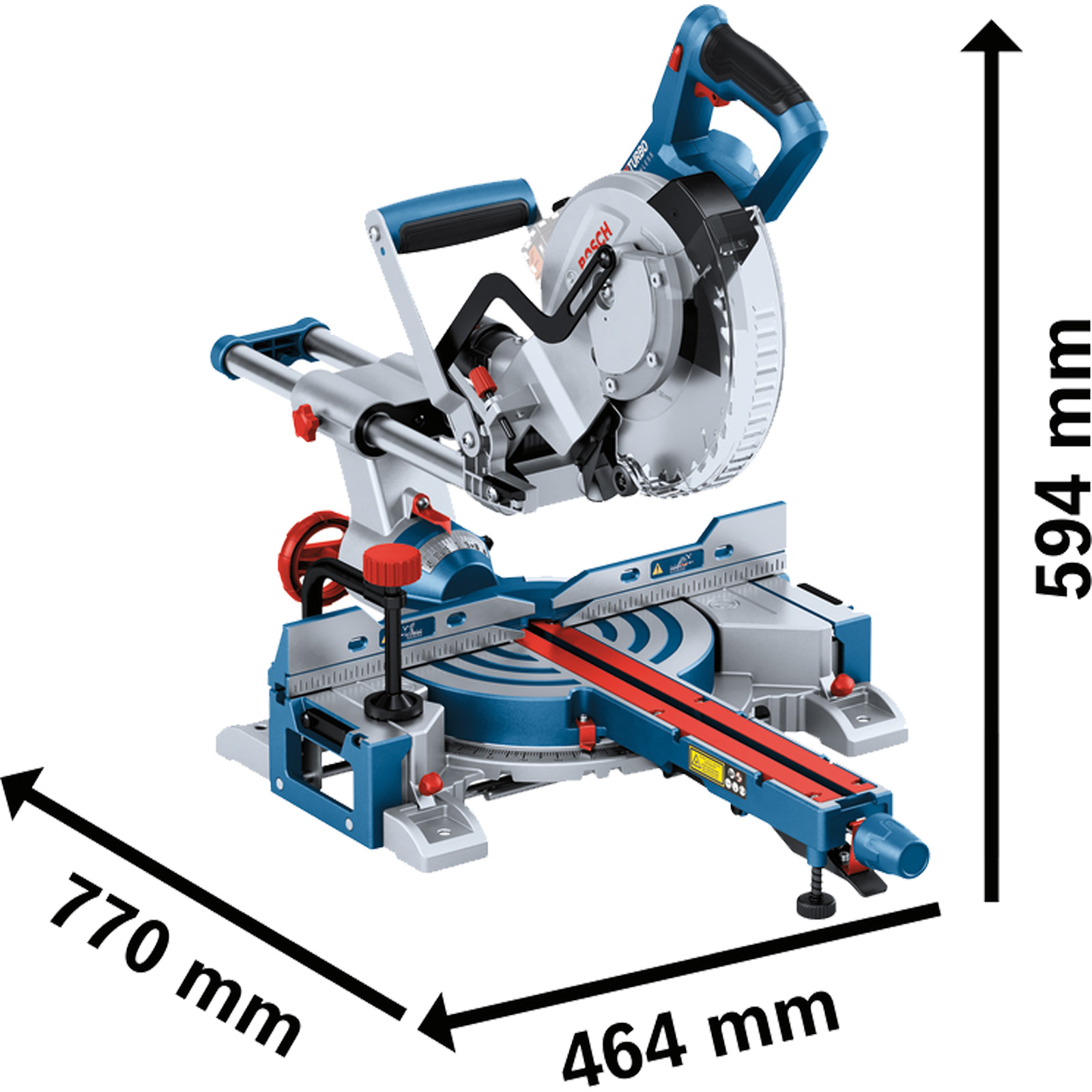 Mavi ve gümüş renkli bir Bosch gönye kesme testeresi, boyutlarla. 770 mm genişliğinde, 464 mm derinliğinde ve 594 mm yüksekliğinde.